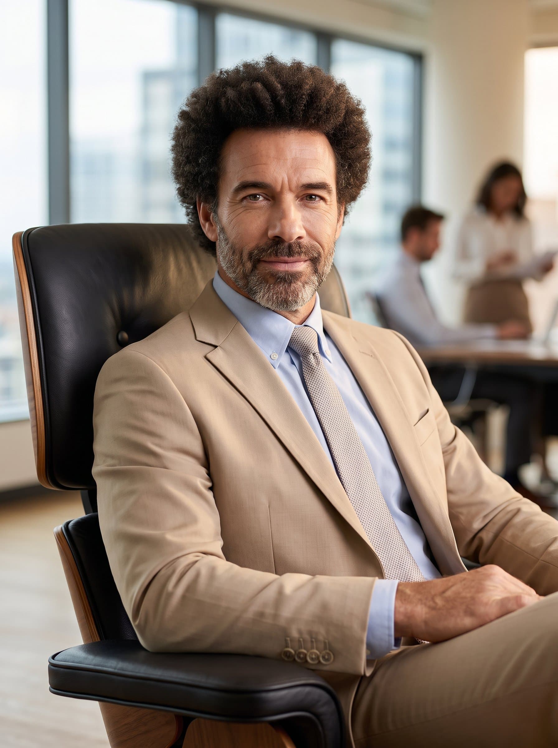 : AI headshot showcasing a consultant with an afro hairstyle, in a tailored beige suit and pastel shirt, portrayed in a relaxed office chair position, radiating calmness and professionalism.
