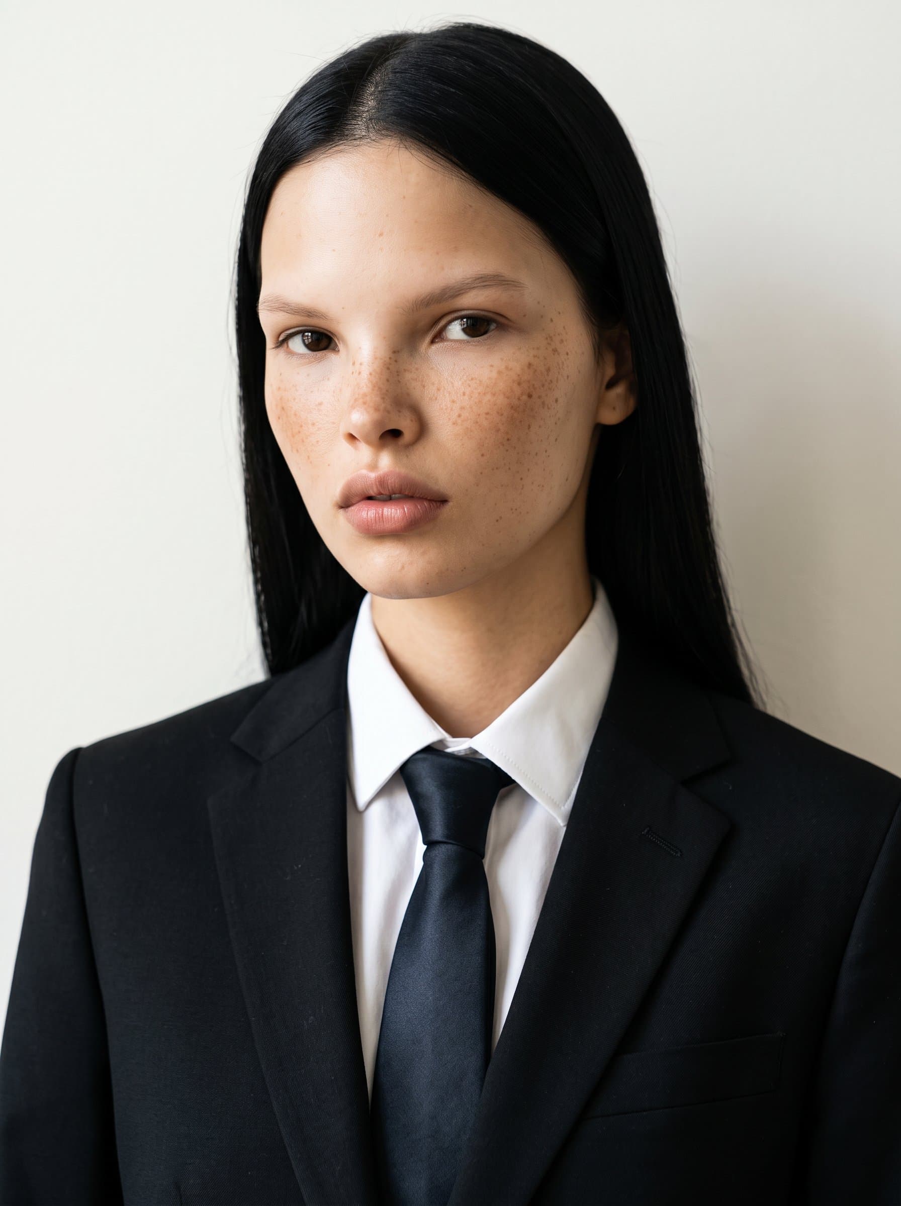 : Image of a consultant with straight hair, in a sleek black suit and silk tie, gazing confidently at the camera, framed by a neutral off-white background, highlighting a poised demeanor.