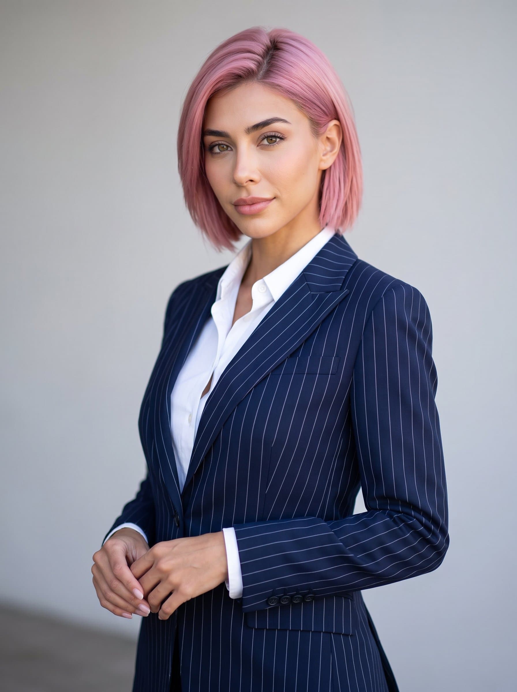 : Professional consultant headshot featuring a woman with short hair, wearing a pinstripe suit, captured against a soft gray background, illustrating a thoughtful expression and a poised, self-assured stance.