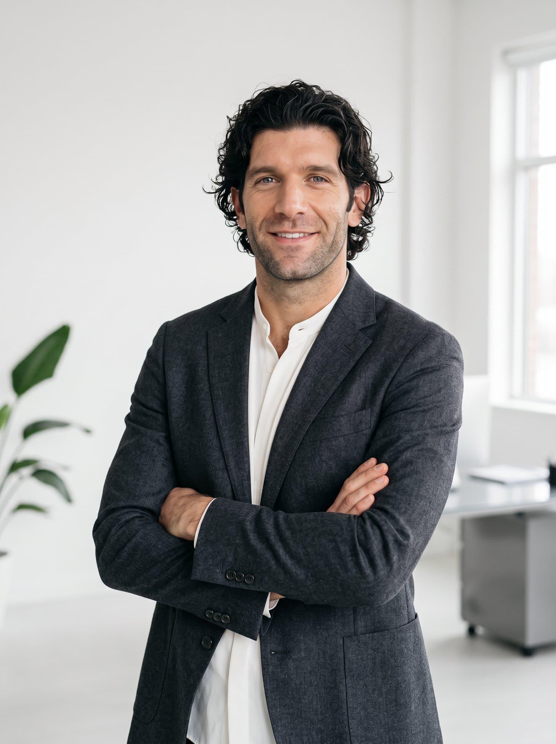 : AI-generated image of a skilled consultant with curly hair, dressed in a charcoal gray blazer and white blouse, standing with arms crossed in a minimalistic office space, conveying approachability and expertise.