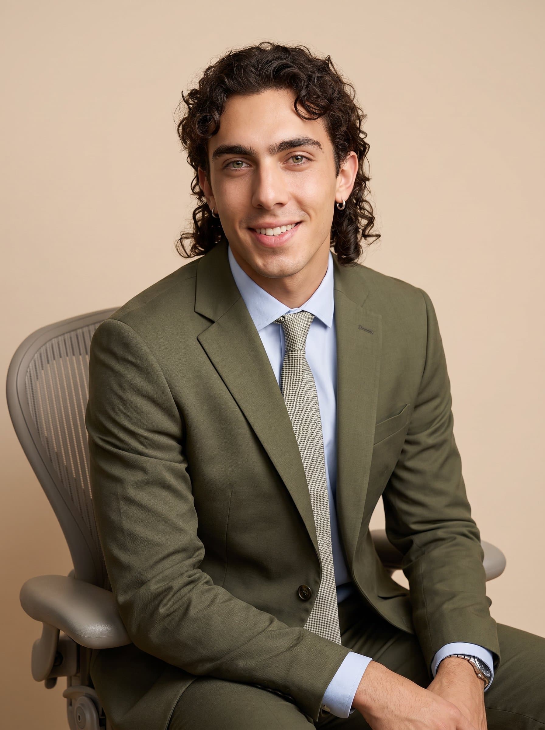 : Consultant headshot capturing an man with shoulder-length hair, in a tailored olive suit and subtle jewelry, sitting on an office chair against a soft beige background, exuding confidence and warmth.