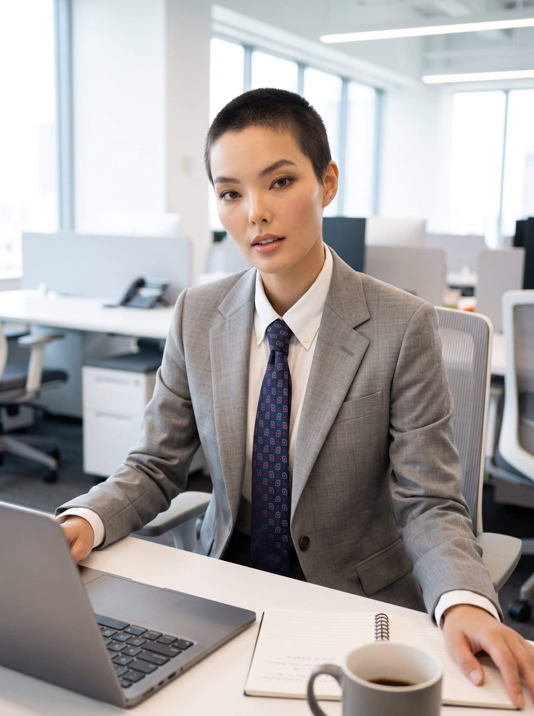 : AI-created image of a consultant with buzz cut hairstyle, wearing a light gray suit and patterned tie, leaning slightly forward at a desk, embodying an open, professional aura.