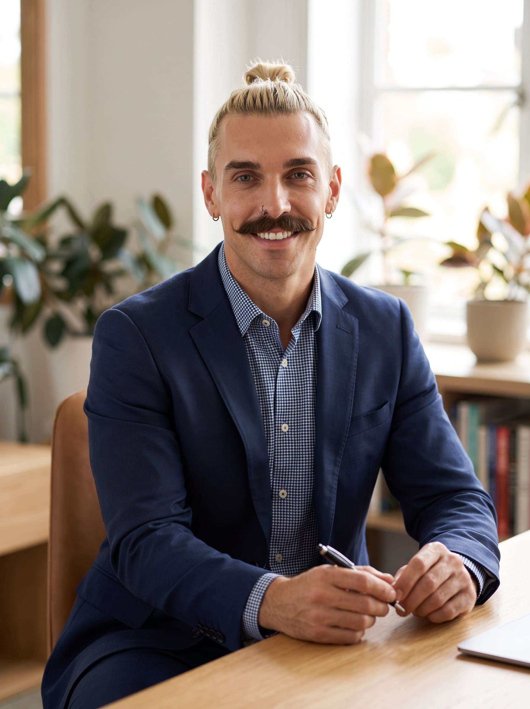 : Image of a consultant with a top knot hairstyle, wearing a tailored navy suit and patterned shirt, smiling gently in a softly lit office space, conveying a sense of trust and expertise.