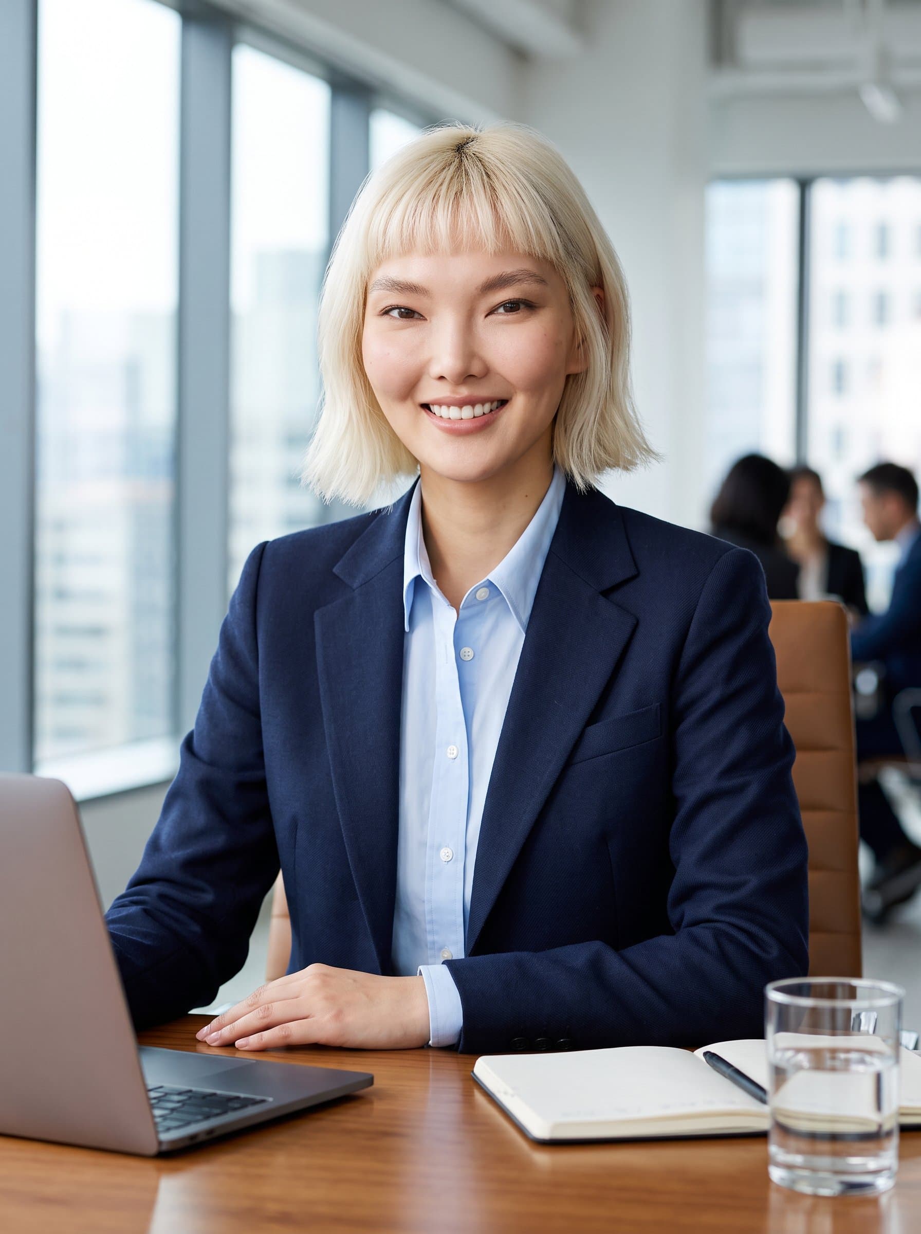 : AI headshot depicting a polished consultant with medium-length hair, wearing a classic navy suit and light blue shirt, seated at a modern office desk, exuding confidence with a warm, inviting smile.