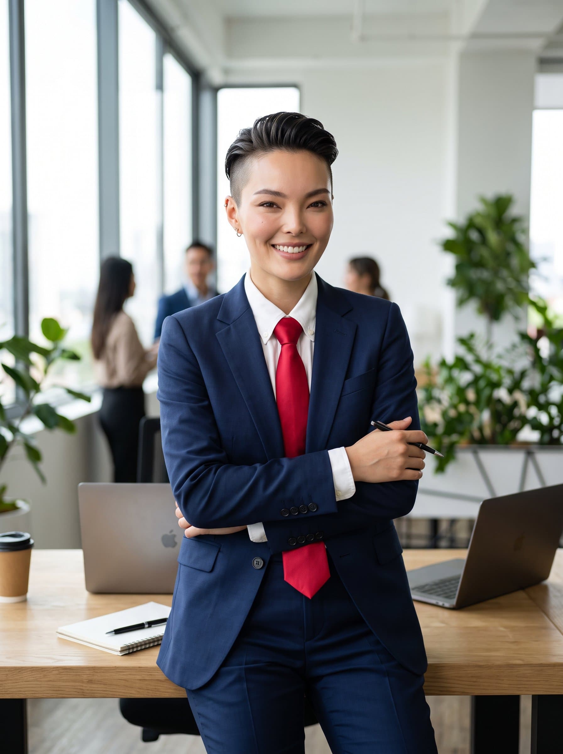 : Photorealistic image of a consultant with an undercut hairstyle, clad in a tailored blue suit and striking red tie, leaning casually against a desk, embodying a professional and open attitude.