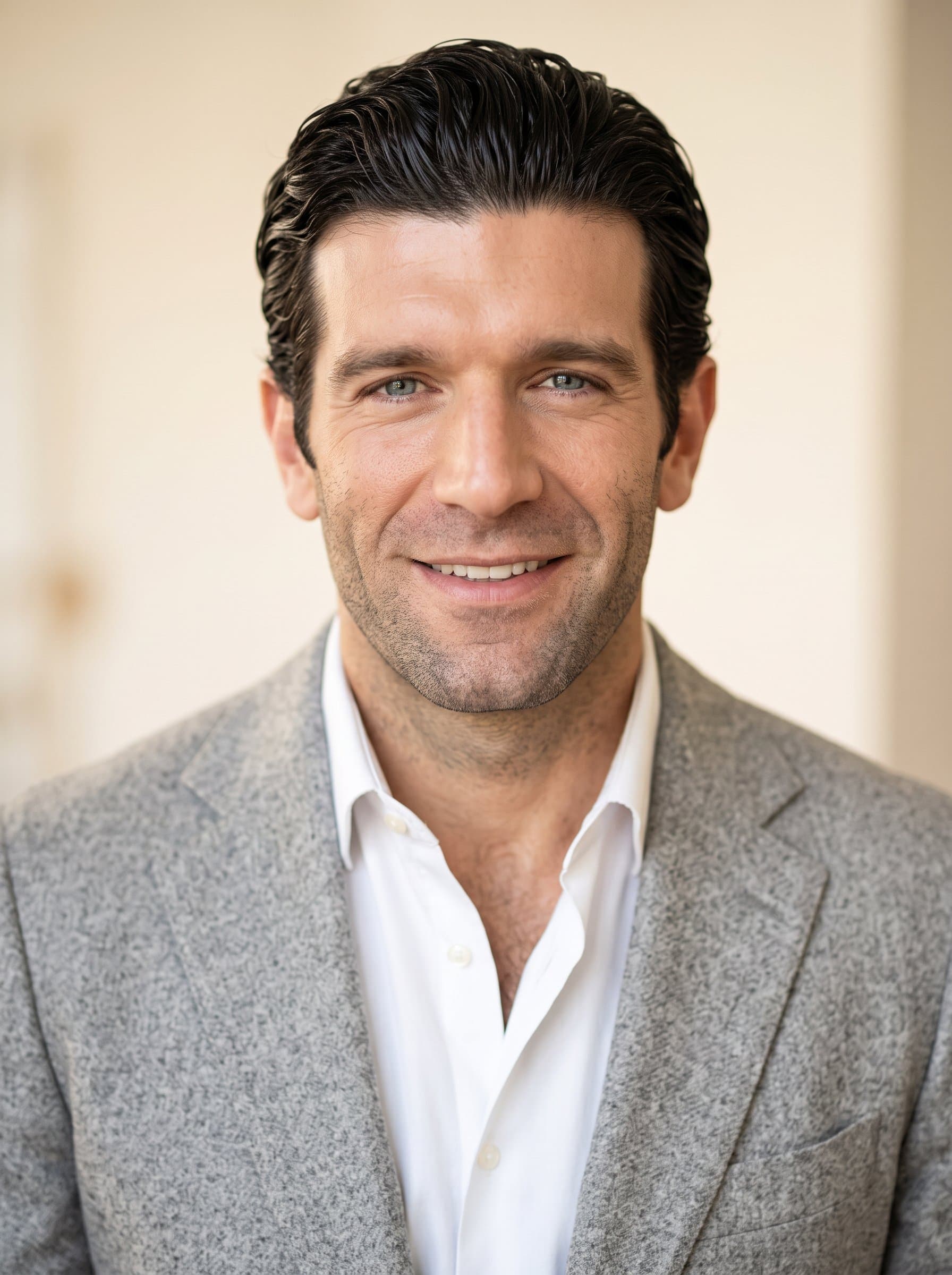 : AI-generated headshot of a consultant with slicked-back hair, wearing a tailored gray blazer and white shirt, standing against a soft cream background, radiating confidence and warmth.