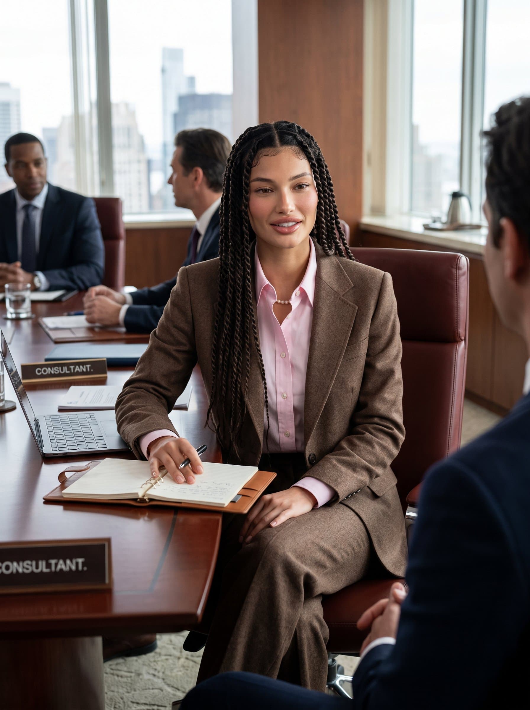 : Photo of a consultant with medium-length hair, adorned in a sophisticated brown suit and light pink shirt, seated upright in a boardroom, emanating a professional yet approachable attitude.