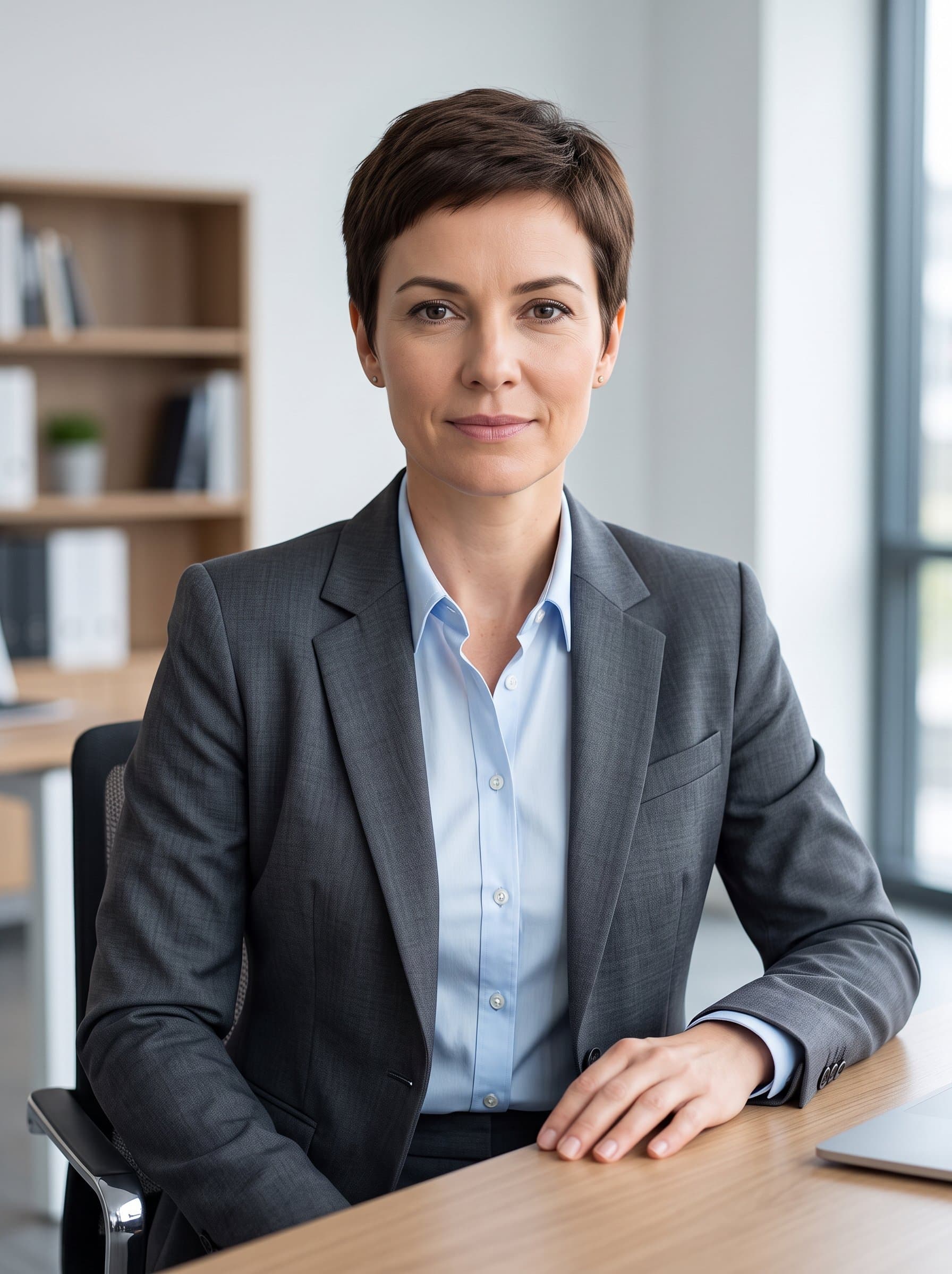 : Professional AI headshot of a consultant with cropped hair, dressed in a classic charcoal suit and pastel shirt, seated at a modern desk, projecting calmness and a reliable demeanor.