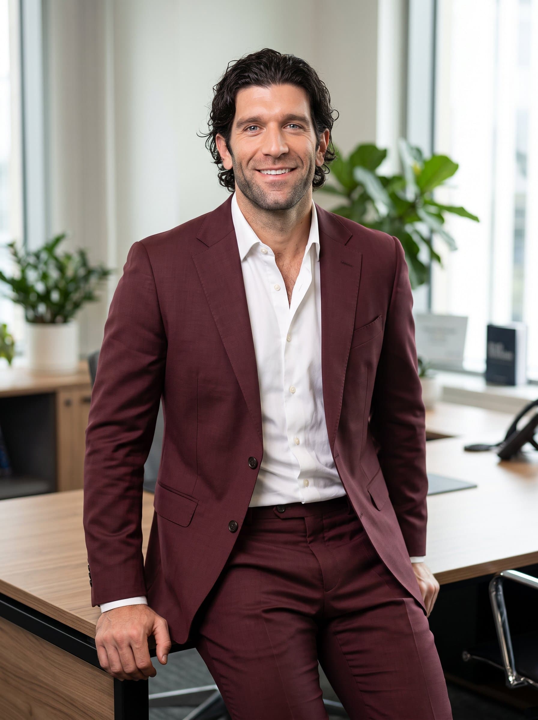 : AI-generated consultant photo featuring an man with wavy hair, adorned in a maroon suit and crisp white shirt, leaning casually against a desk, displaying approachability and competence.