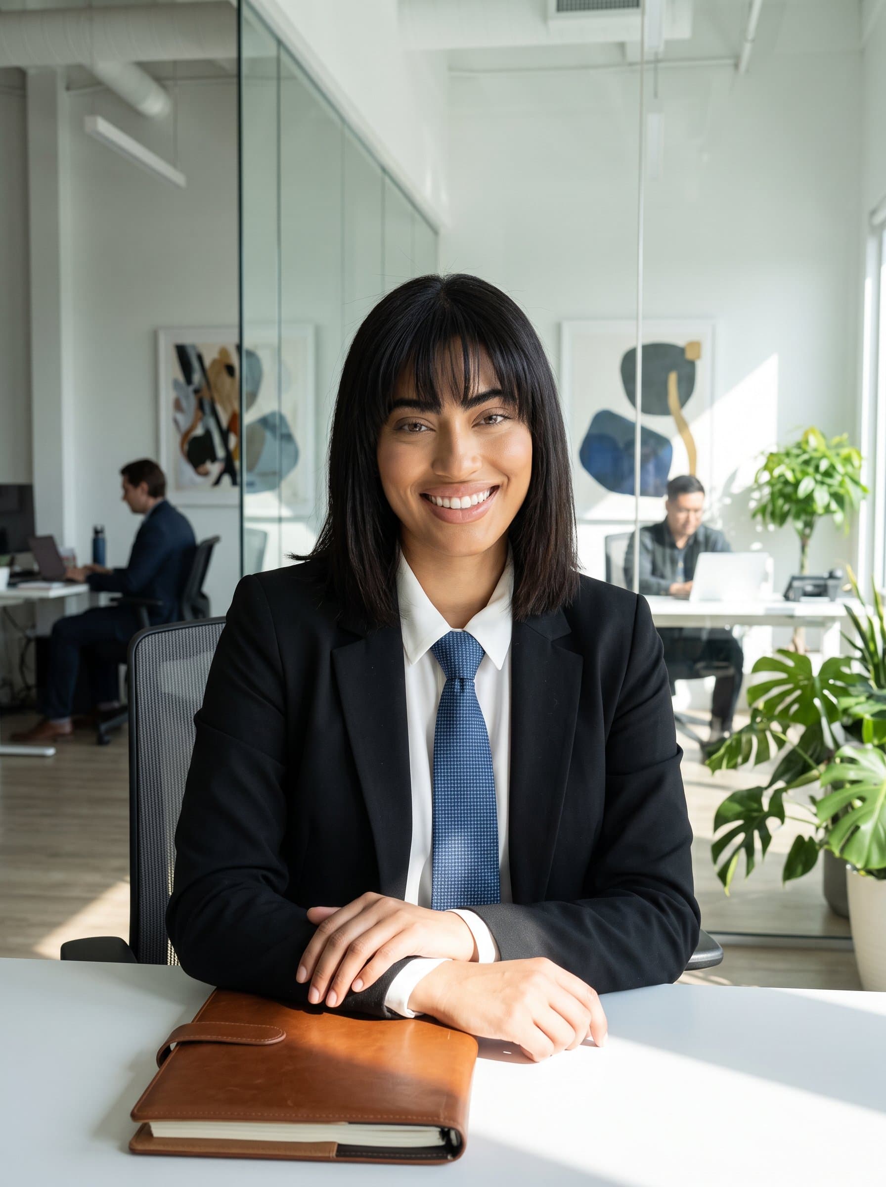 : Image of a consultant with shoulder-length hair, in a sleek black suit and blue tie, seated in a contemporary office setting, expressing a sense of approachability and competence.