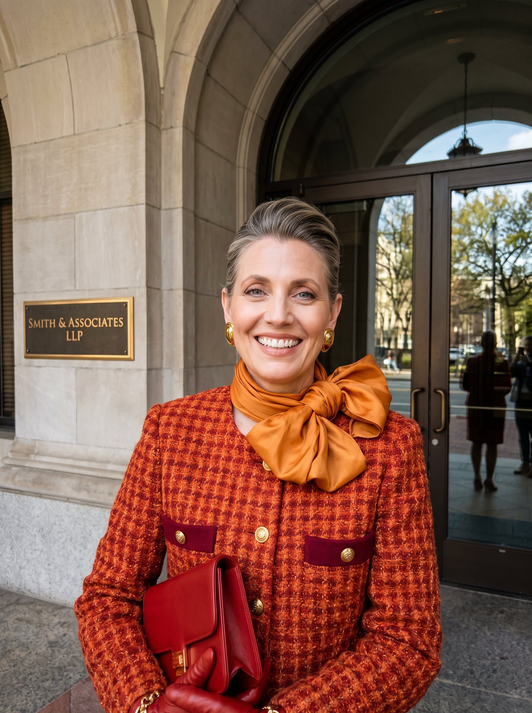 A close-up of outdoors, framed by the entrance of an elegant law firm building. The natural light accentuates a welcoming smile, set against the backdrop of tall glass doors.