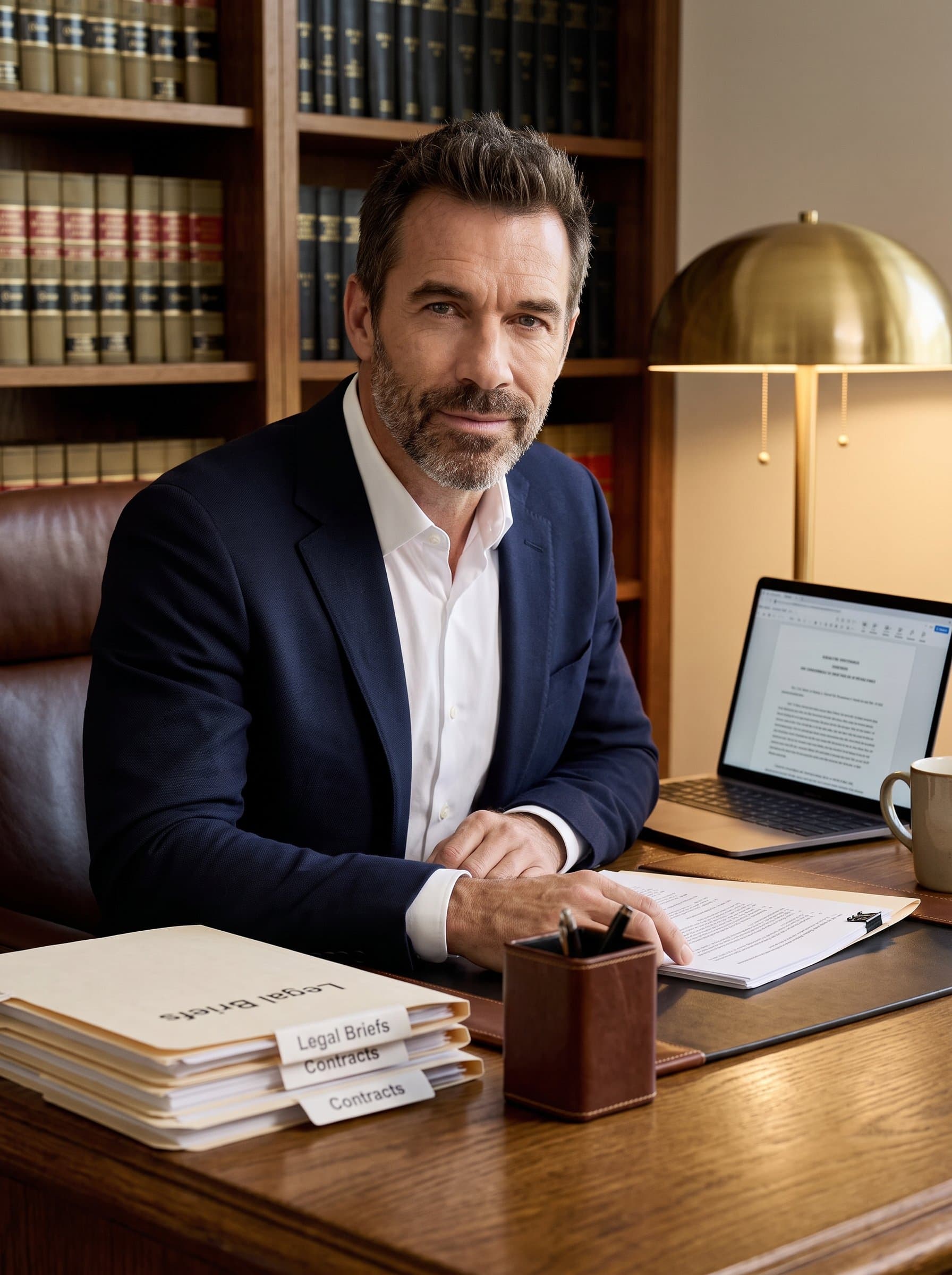 seated at a polished oak desk, surrounded by neatly stacked legal documents and an open laptop. The soft lighting and a serene expression convey expertise and approachability.