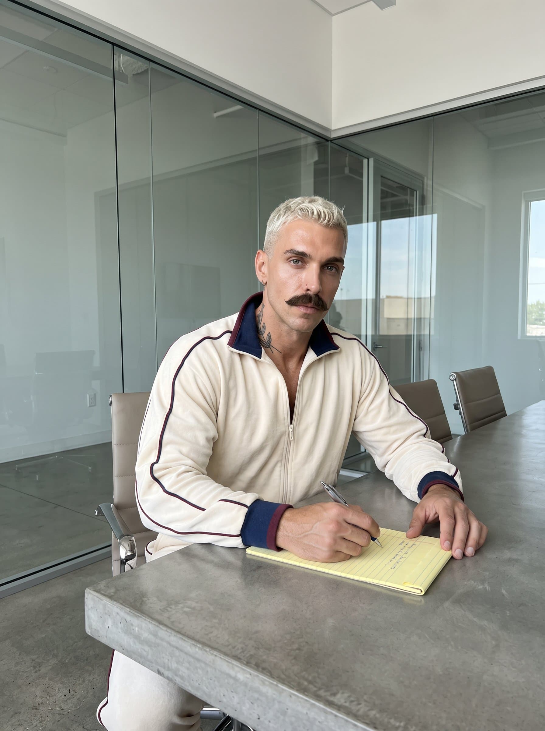 in a minimalist conference room, poised with a pen in hand over a legal pad. The room’s clean lines and the man's focused expression exude confidence and clarity.