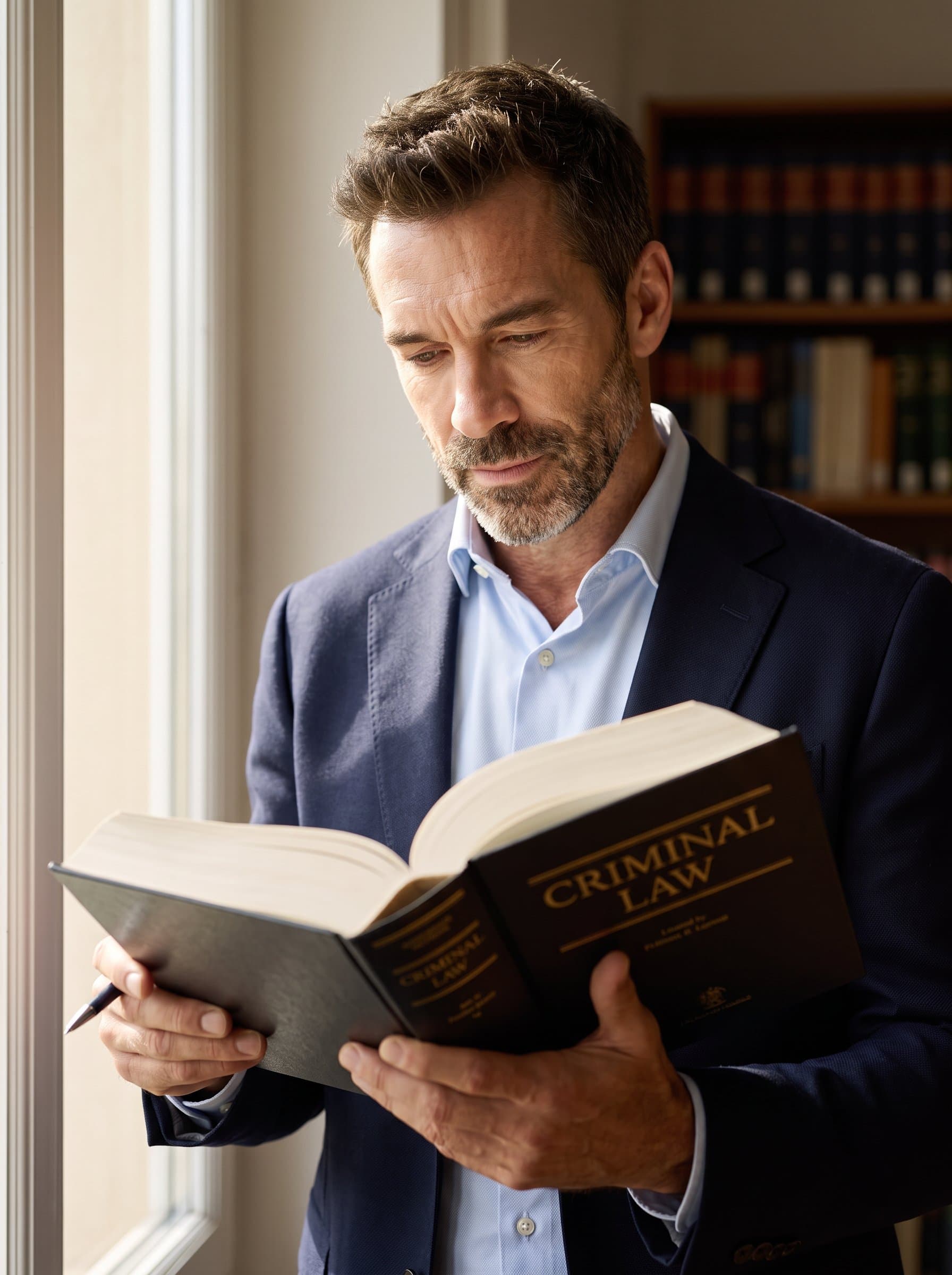 illuminated by natural light from a nearby window, with a soft-focus on a law book held open. The scene suggests dedication and a passion for justice.