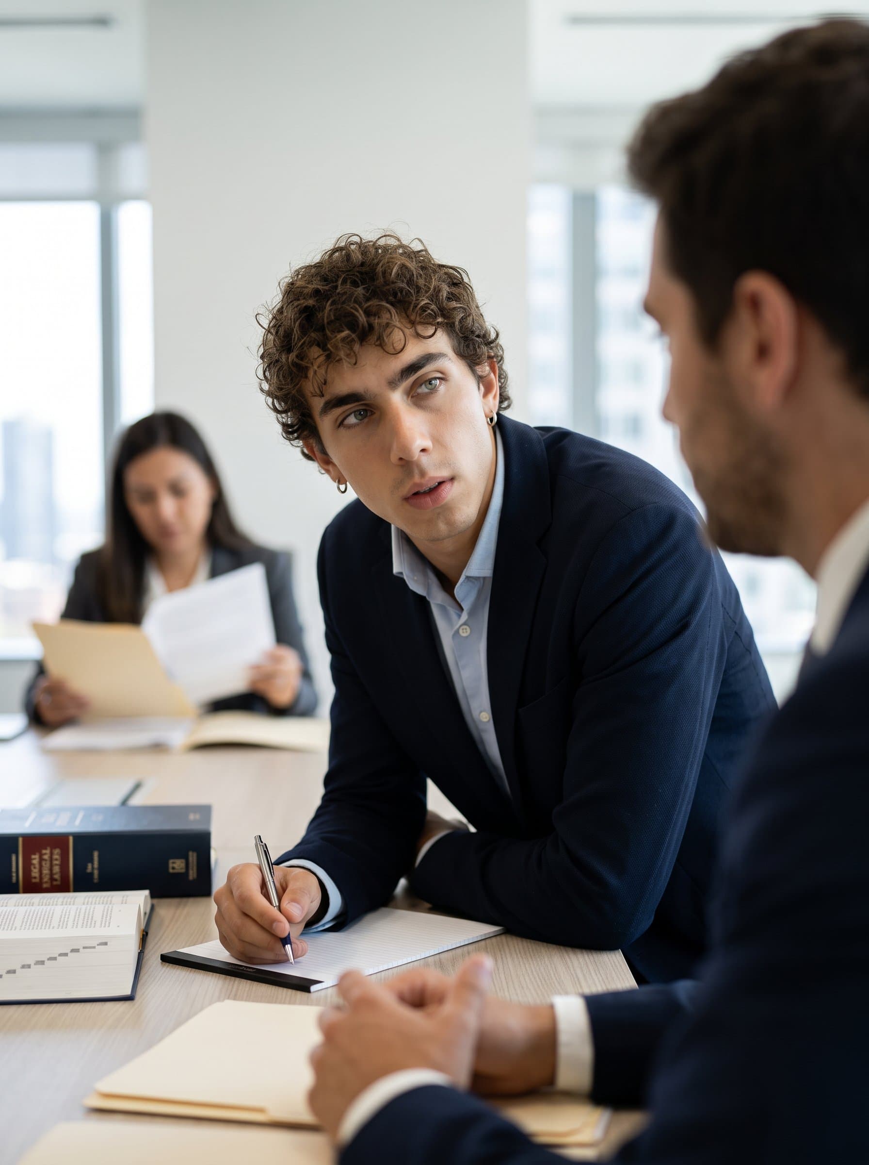 engaged in conversation with a blurred colleague in the background. The captured moment shows attentiveness and collaboration, essential traits in legal practice.