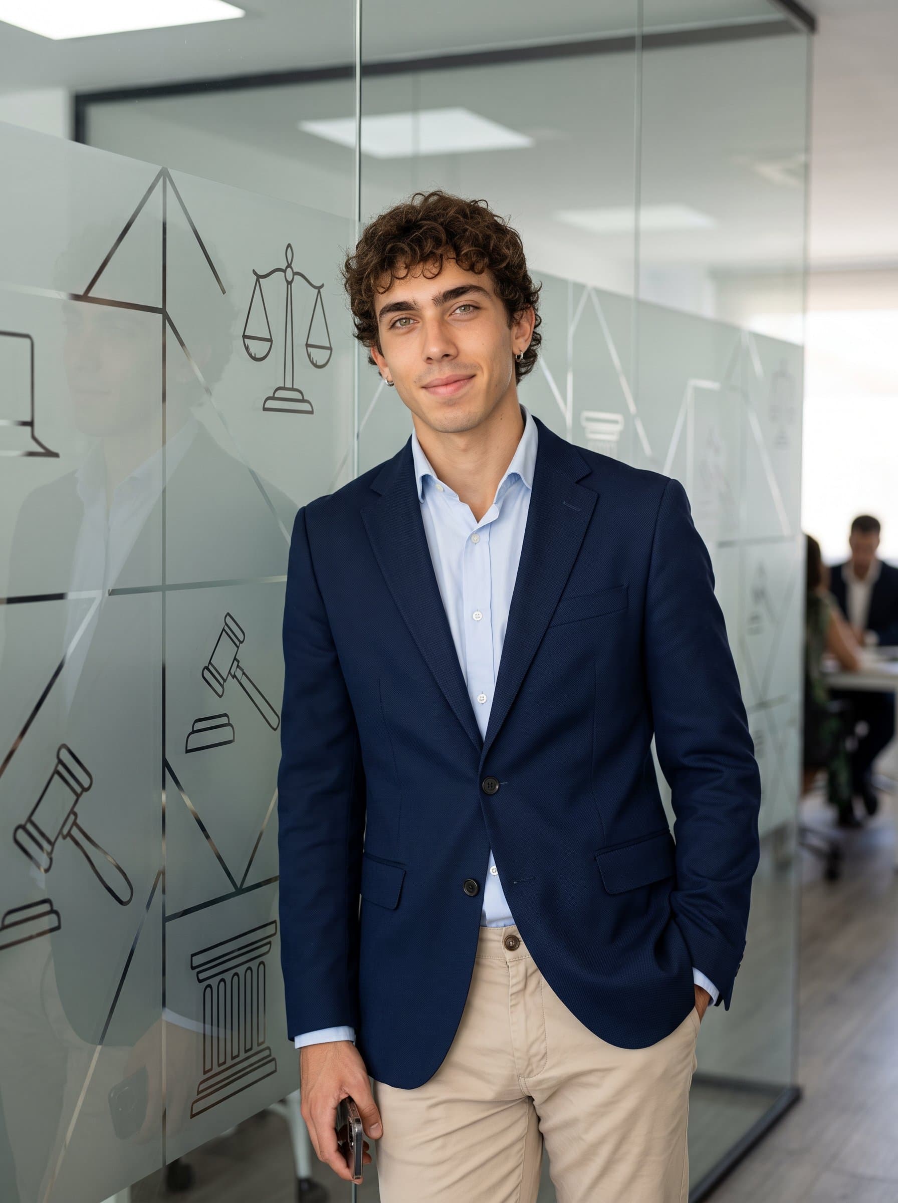 leaning slightly against a glass wall with abstract legal-themed artwork. The smart attire and gentle expression demonstrate a balance of professionalism and warmth.