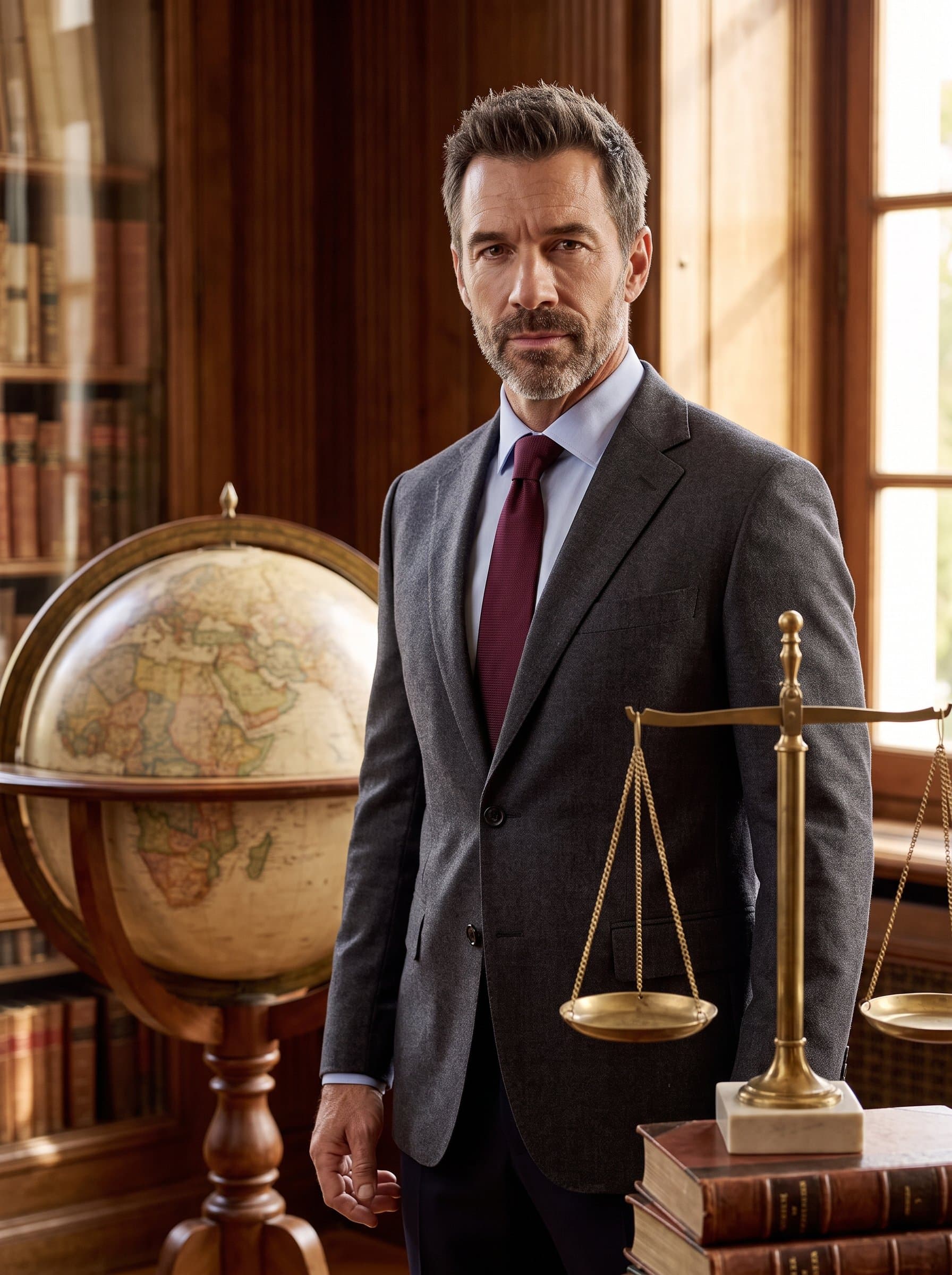 A warm-toned image of beside a large, antique globe and scales of justice, symbolizing global knowledge and fairness in legal practices.