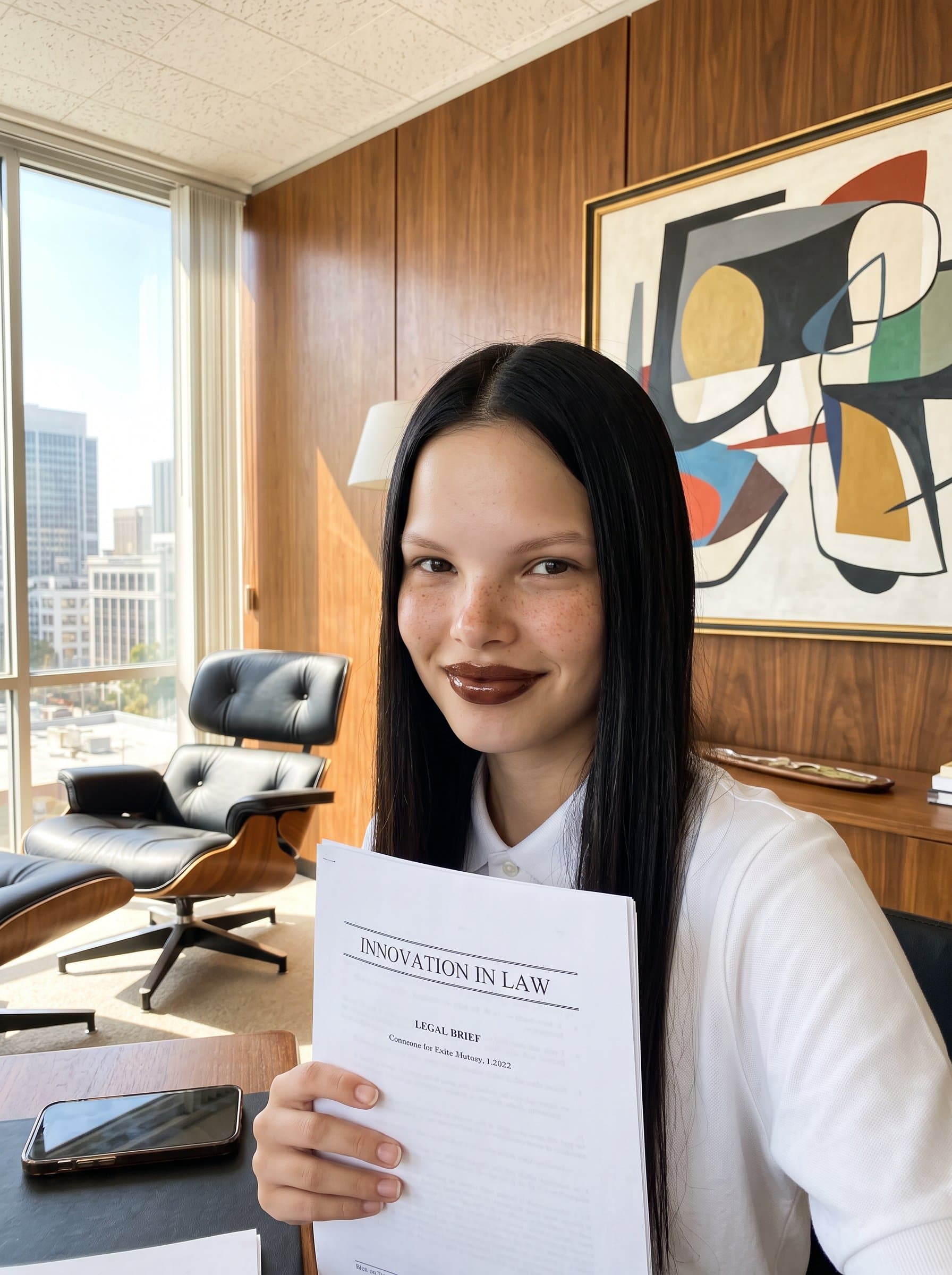 in a mid-century modern office, holding a legal brief in one hand, with abstract art and a leather chair in the background, suggesting innovation in law.