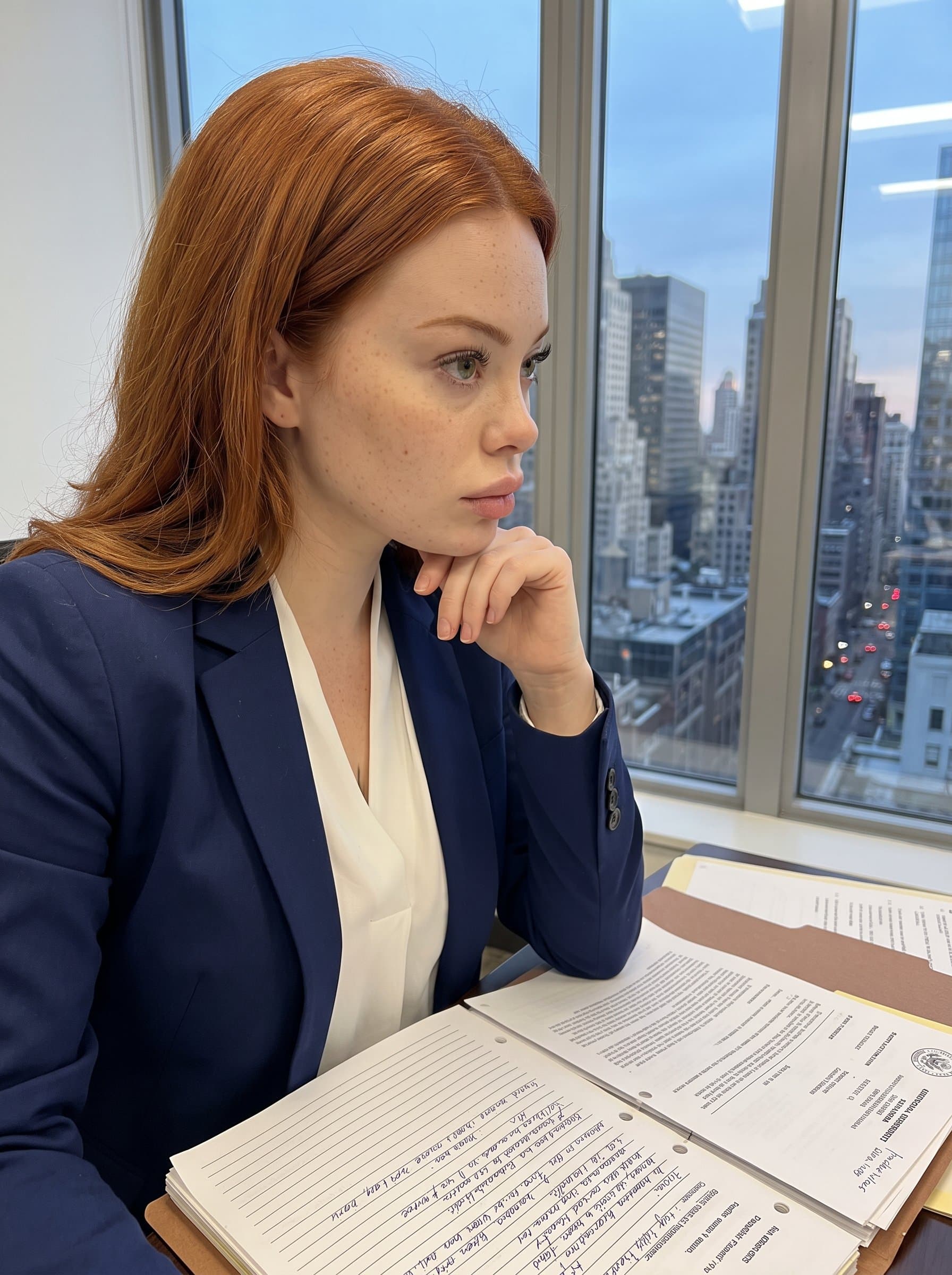 An over-the-shoulder view of as they review a case file, with a cityscape visible through large windows. Sharp focus on their contemplative look defines professionalism.