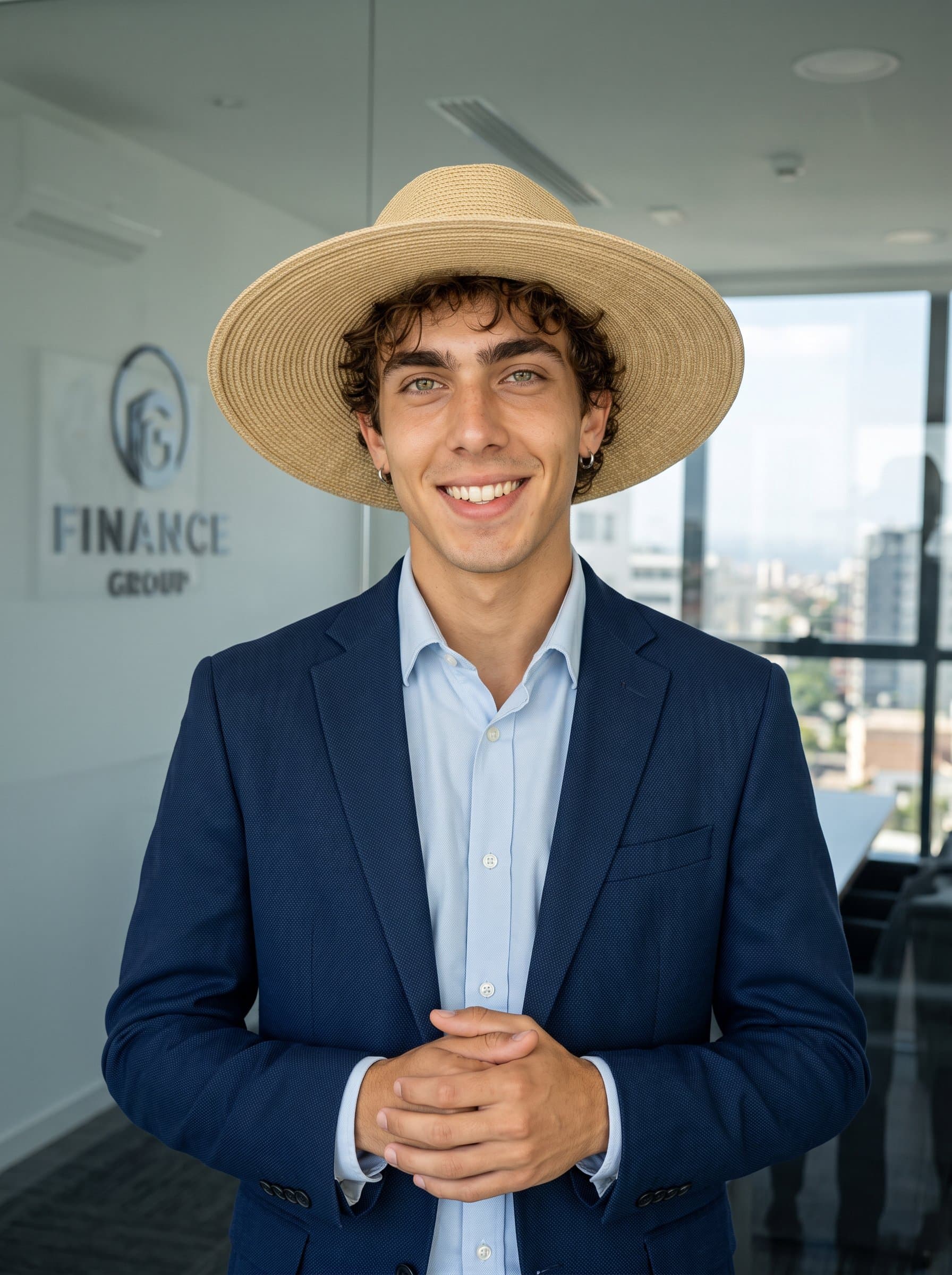 clasping hands in front, with an honest smile and the firm’s logo subtly reflected in a glass wall behind, symbolizing affiliation and personal connection.