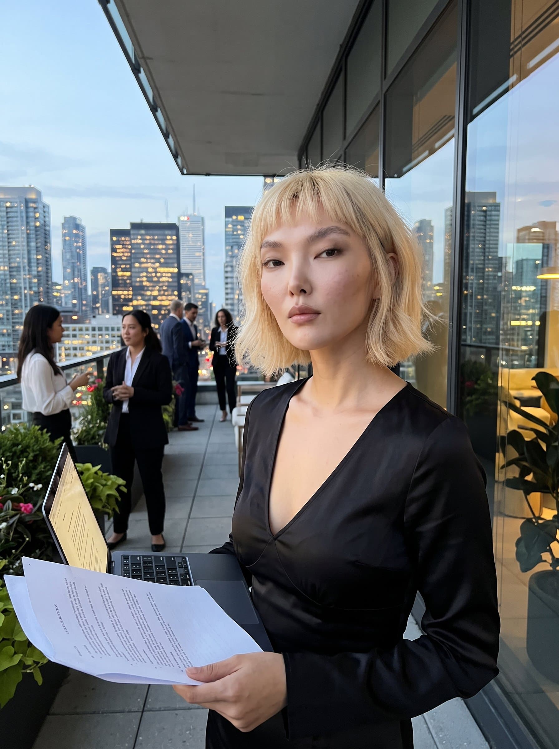 against a backdrop of a vibrant city at dusk, blending into the legal office's terrace, capturing a sense of readiness to tackle legal challenges.