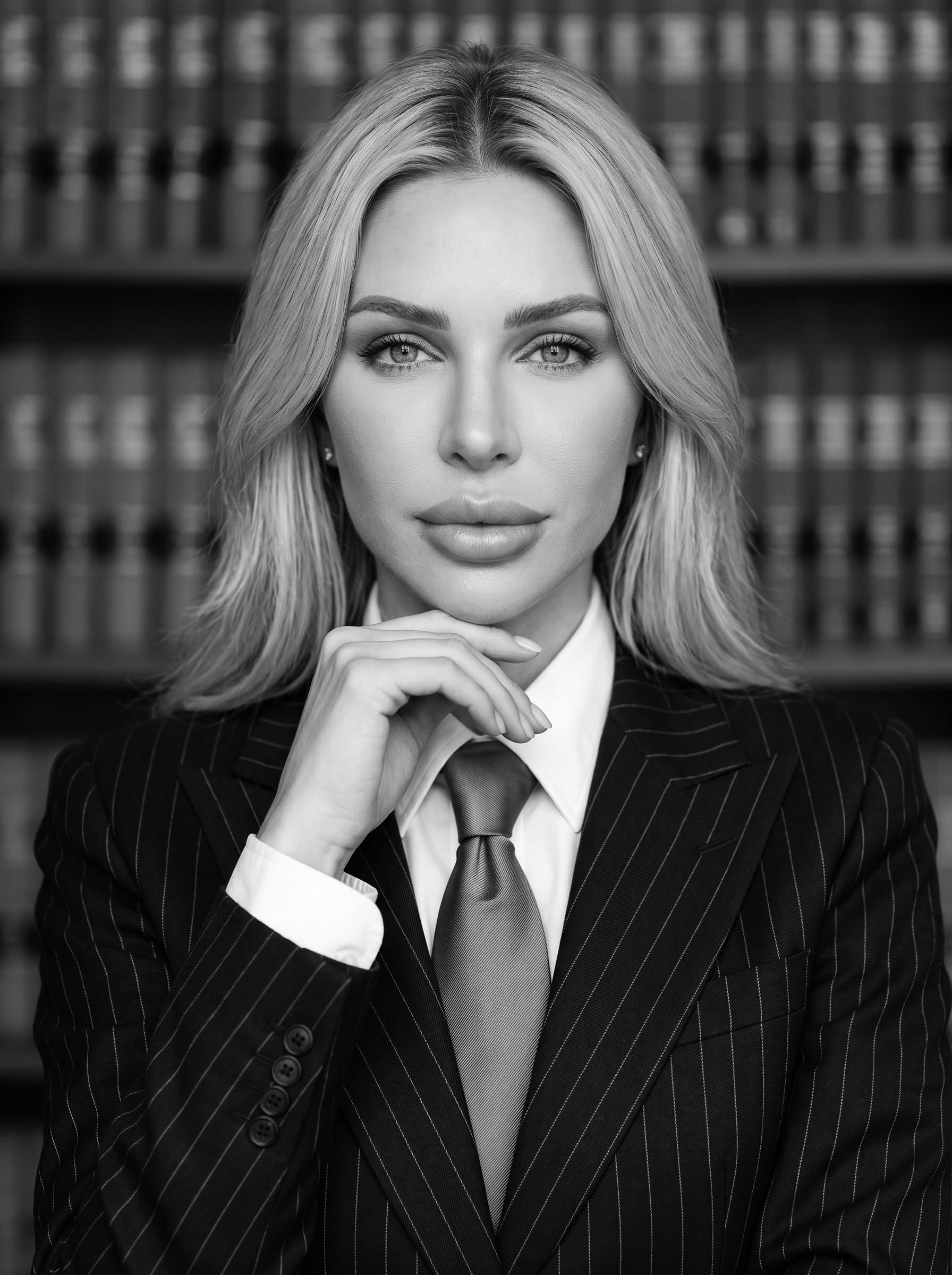 A black-and-white portrait of in a pinstripe suit. The soft focus on their serious yet approachable face captures the essence of timeless legal professionalism.