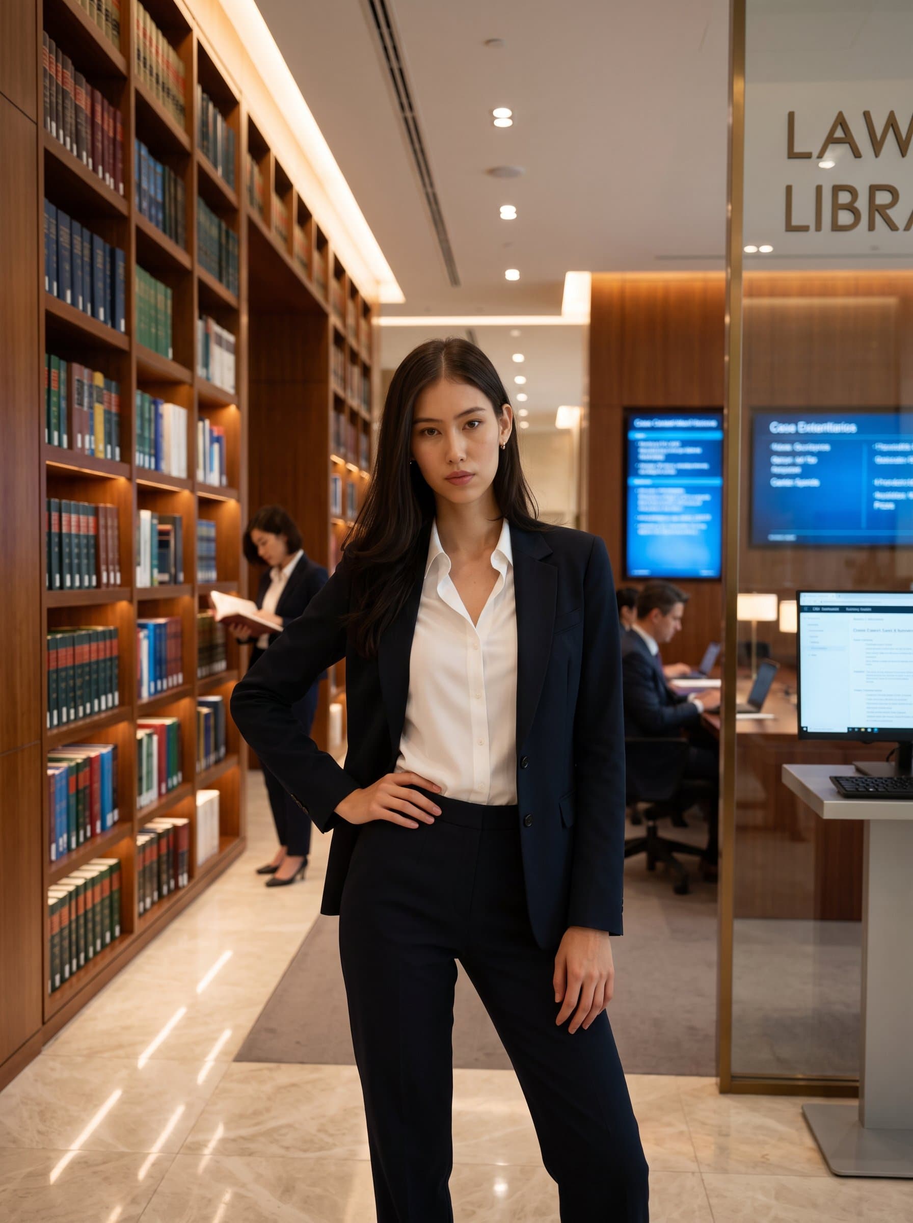 A standing confidently in front of a modern law library, with subtle lighting highlighting professional attire. The background features a blend of legal books and digital screens, symbolizing tradition and technology.