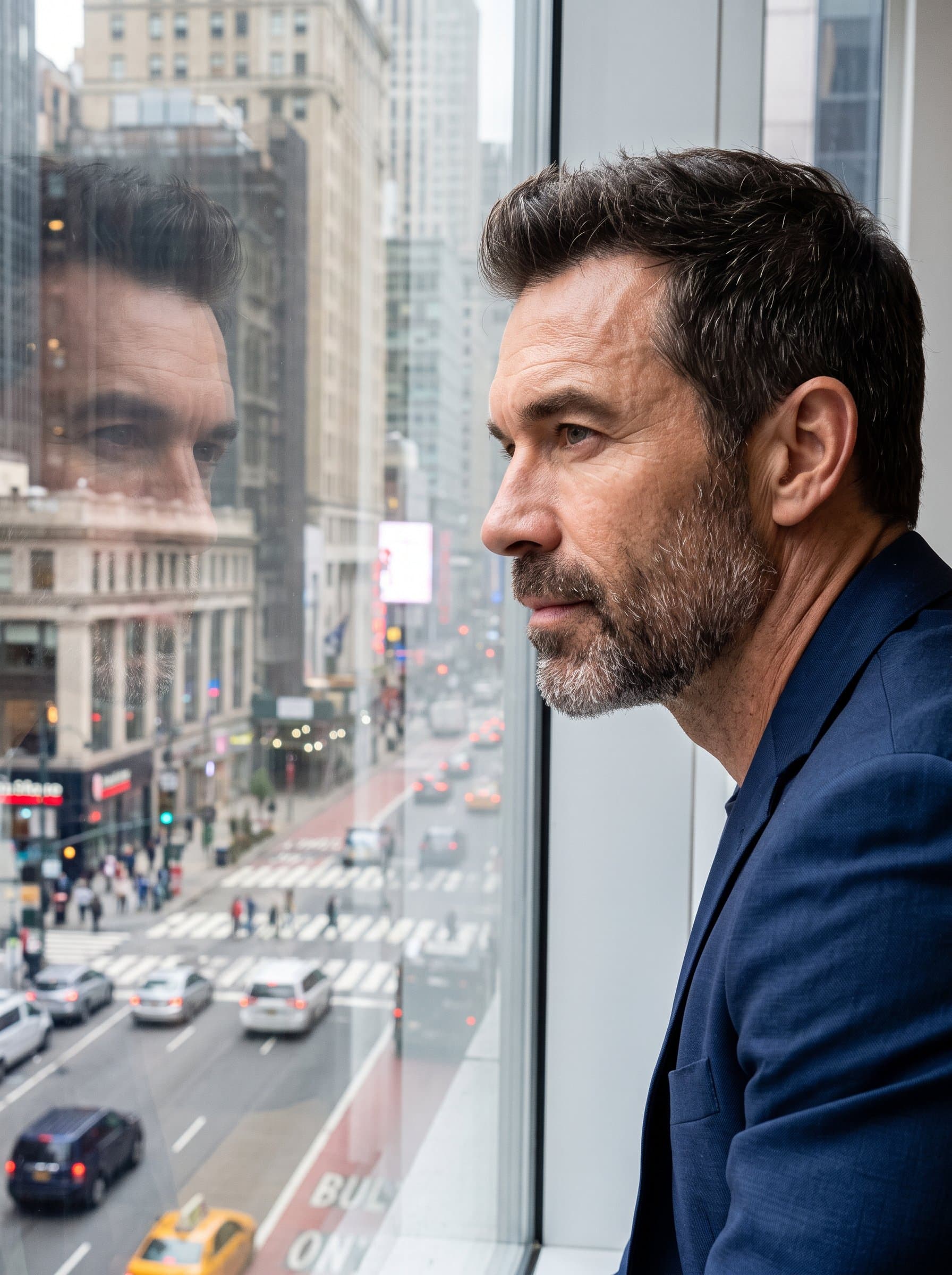 The profile of thoughtfully gazing out a window at the bustling streets below, embodying a calm yet determined demeanor.