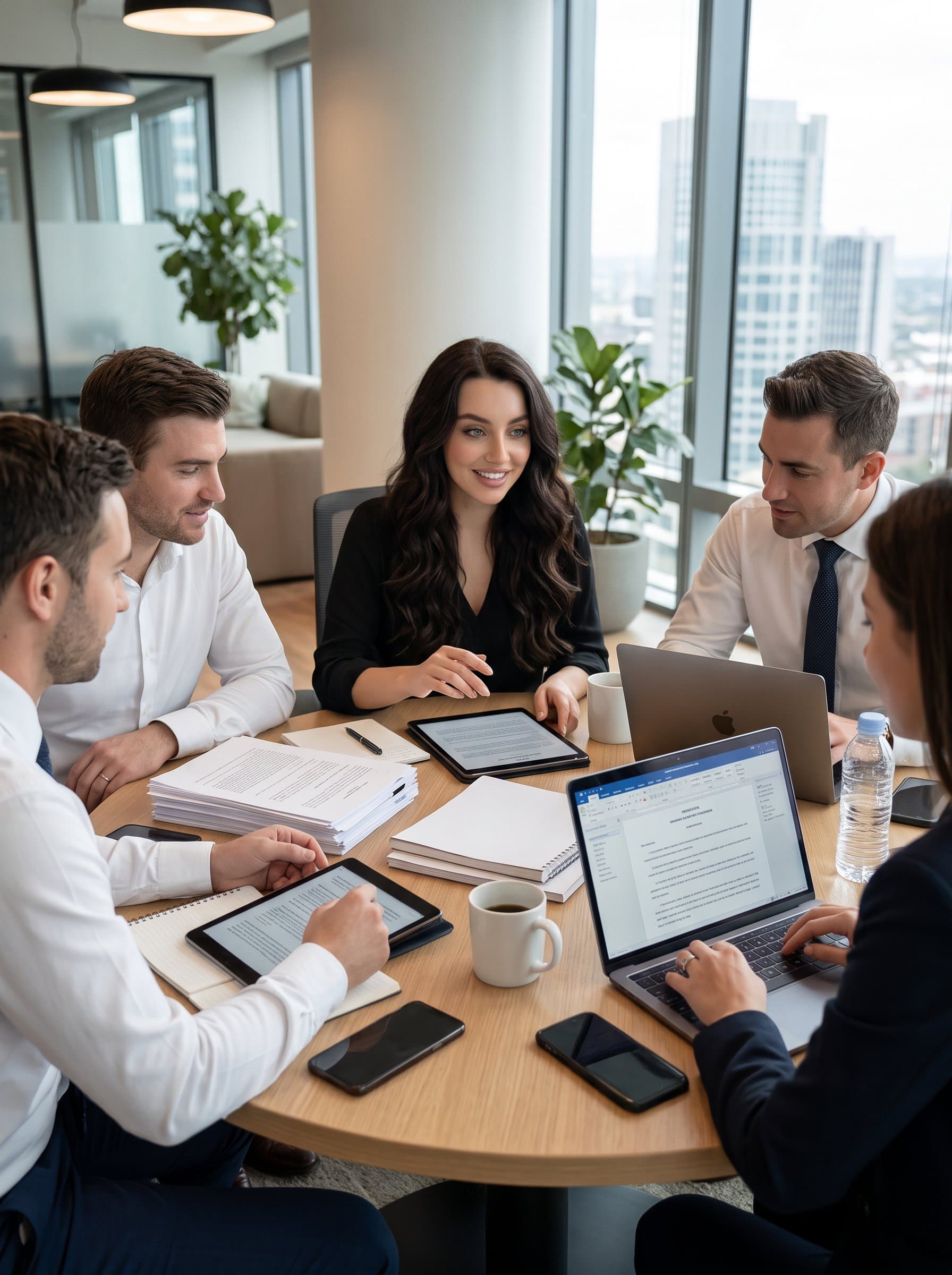 at a round table with an array of legal documents and digital devices, representing teamwork and a modern approach to legal solutions.