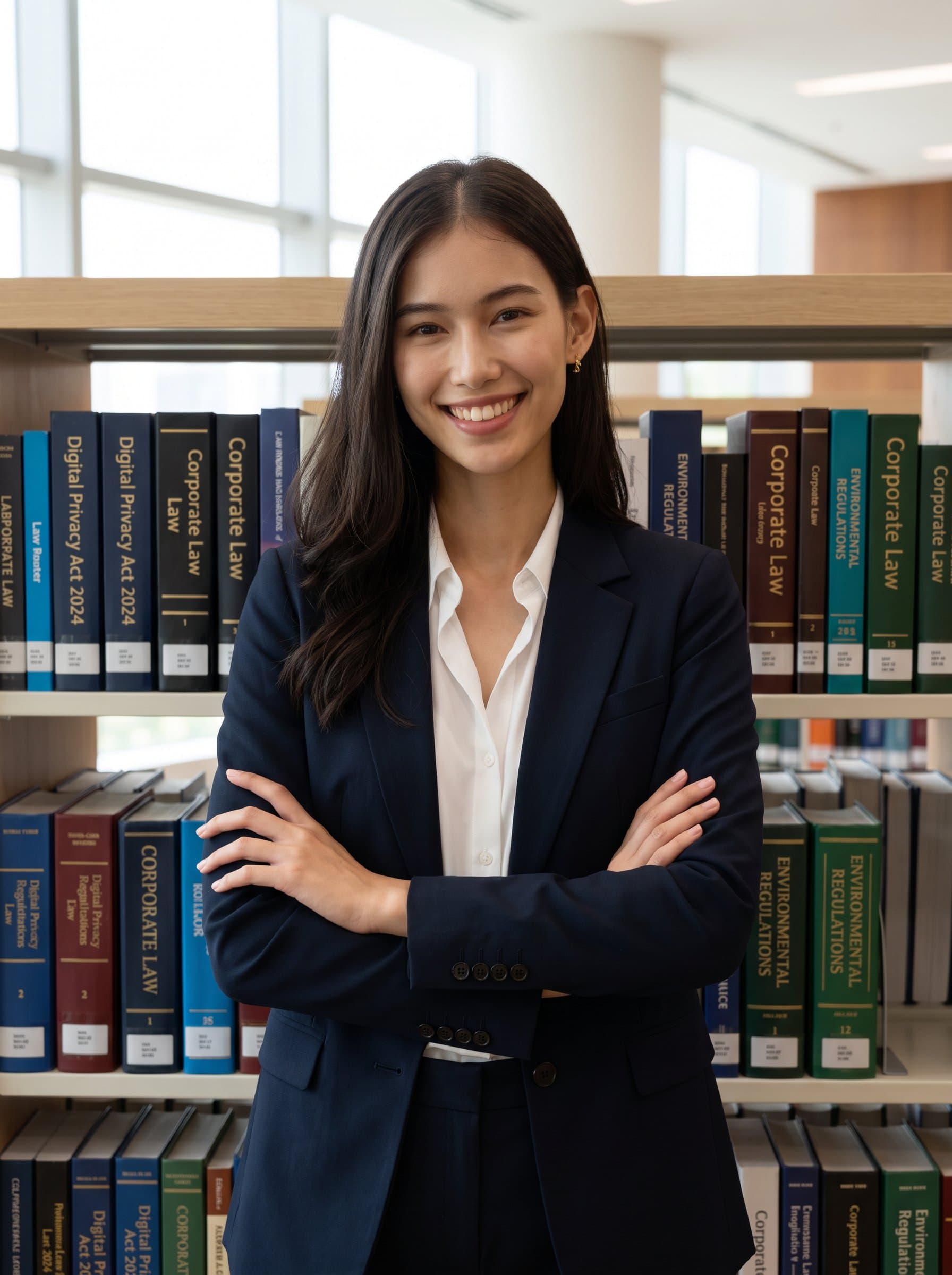 standing with arms crossed in a library filled with modern law books, signifying a blend of experience and contemporary knowledge.