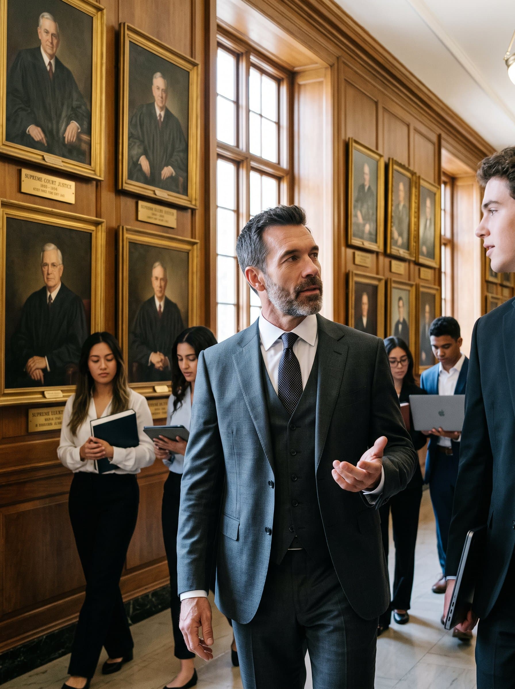 A candid moment of in a hallway lined with portraits of esteemed legal minds, bridging past legacies with future possibilities.