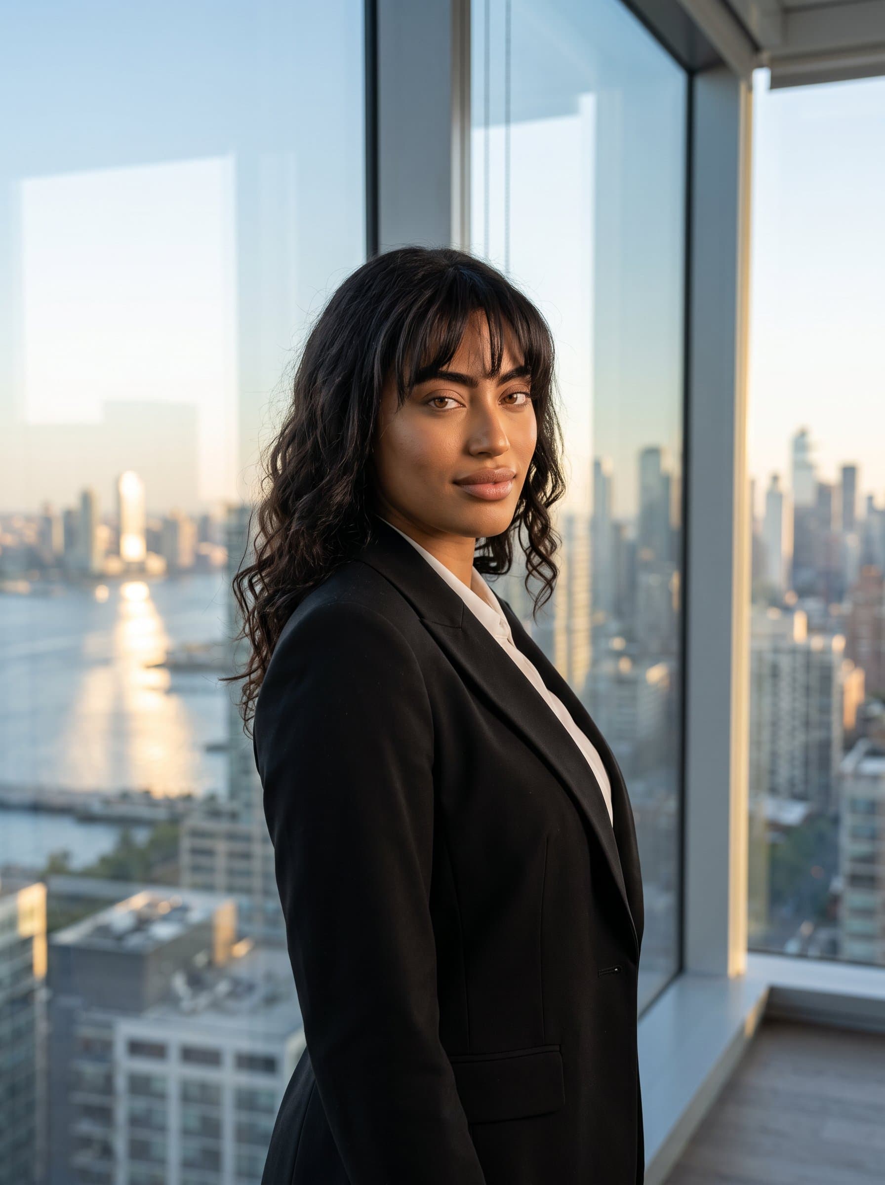 The head and shoulders of with a city skyline as a backdrop through floor-to-ceiling windows, conveying strength and a forward-looking approach.