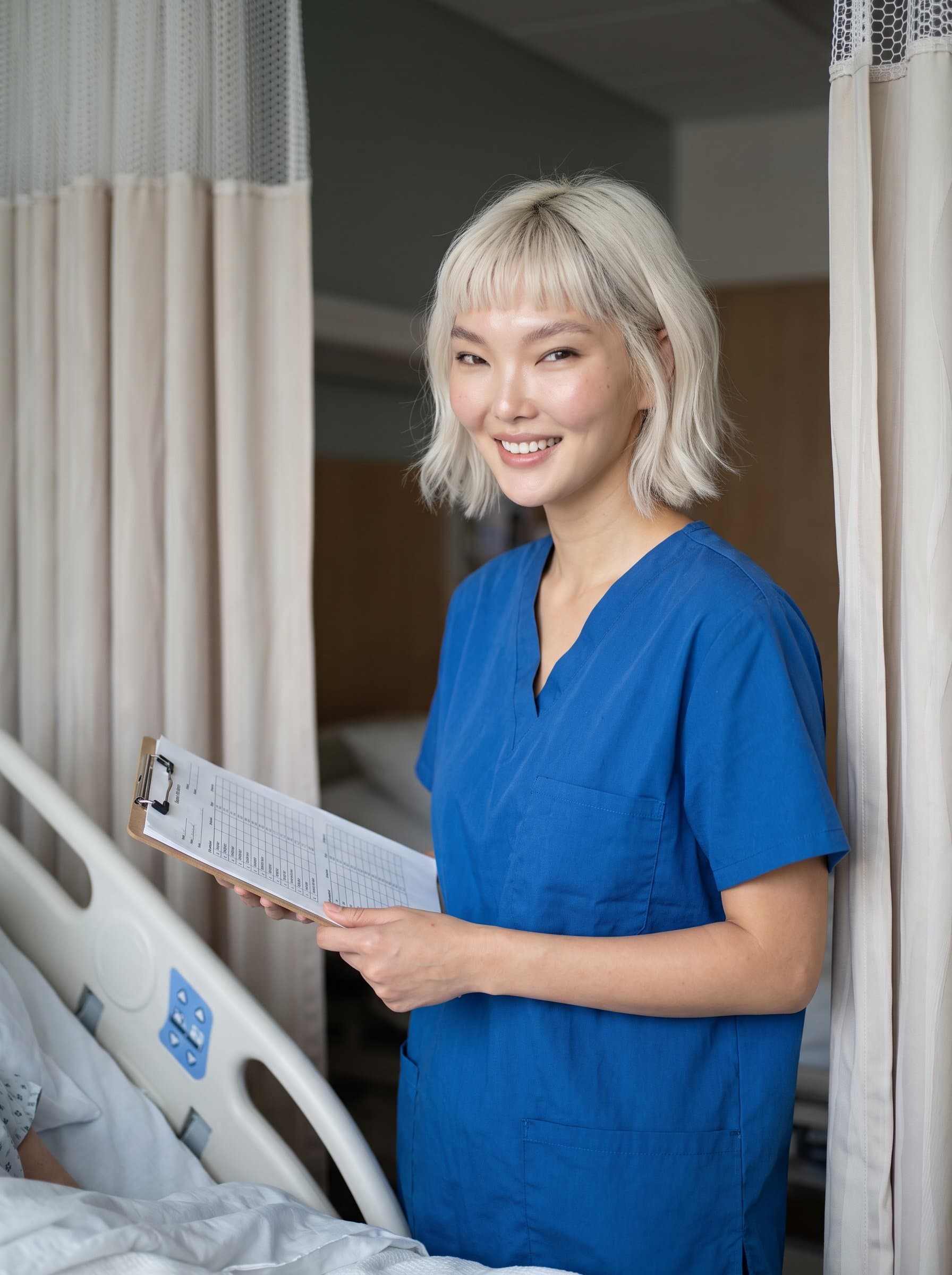 : Capture a nurse with a caring smile, holding a clipboard, standing beside a hospital bed with curtains gently drawn, embodying empathy and patient-centered care.