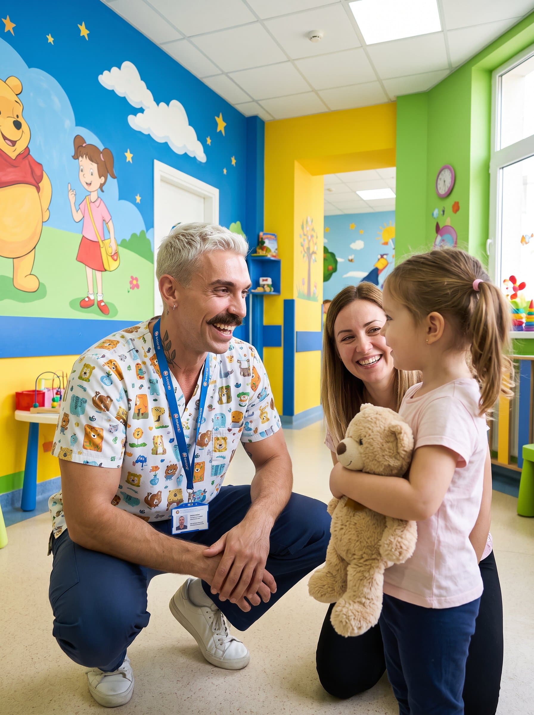 : Depict a healthcare staff member in a vibrant pediatric ward, with colorful walls and playful decor, displaying warmth and approachability towards young patients and their families.