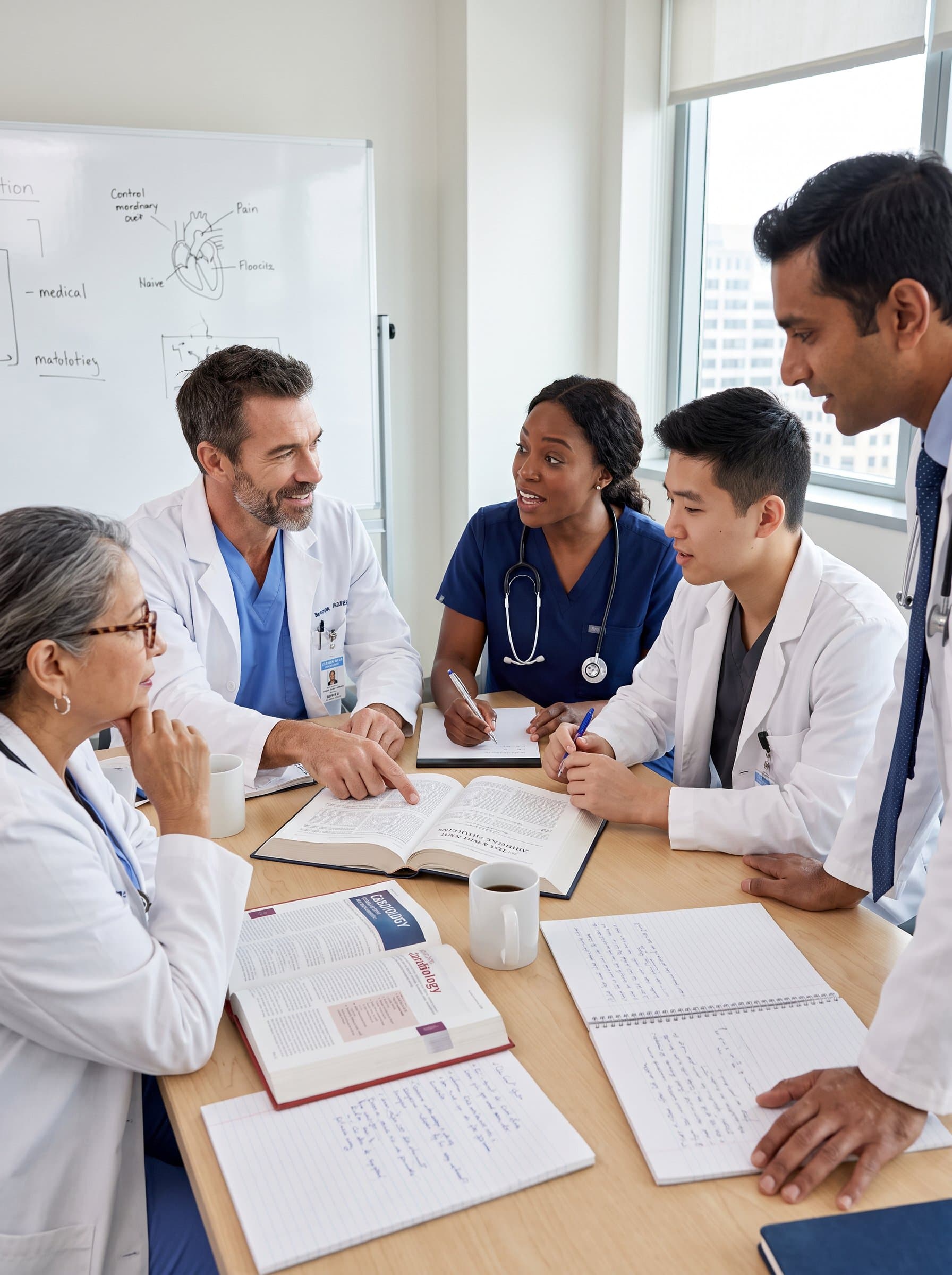 : Present a diverse group of healthcare providers in a casual team meeting, with notes and medical journals open, fostering an environment of knowledge exchange and open communication.