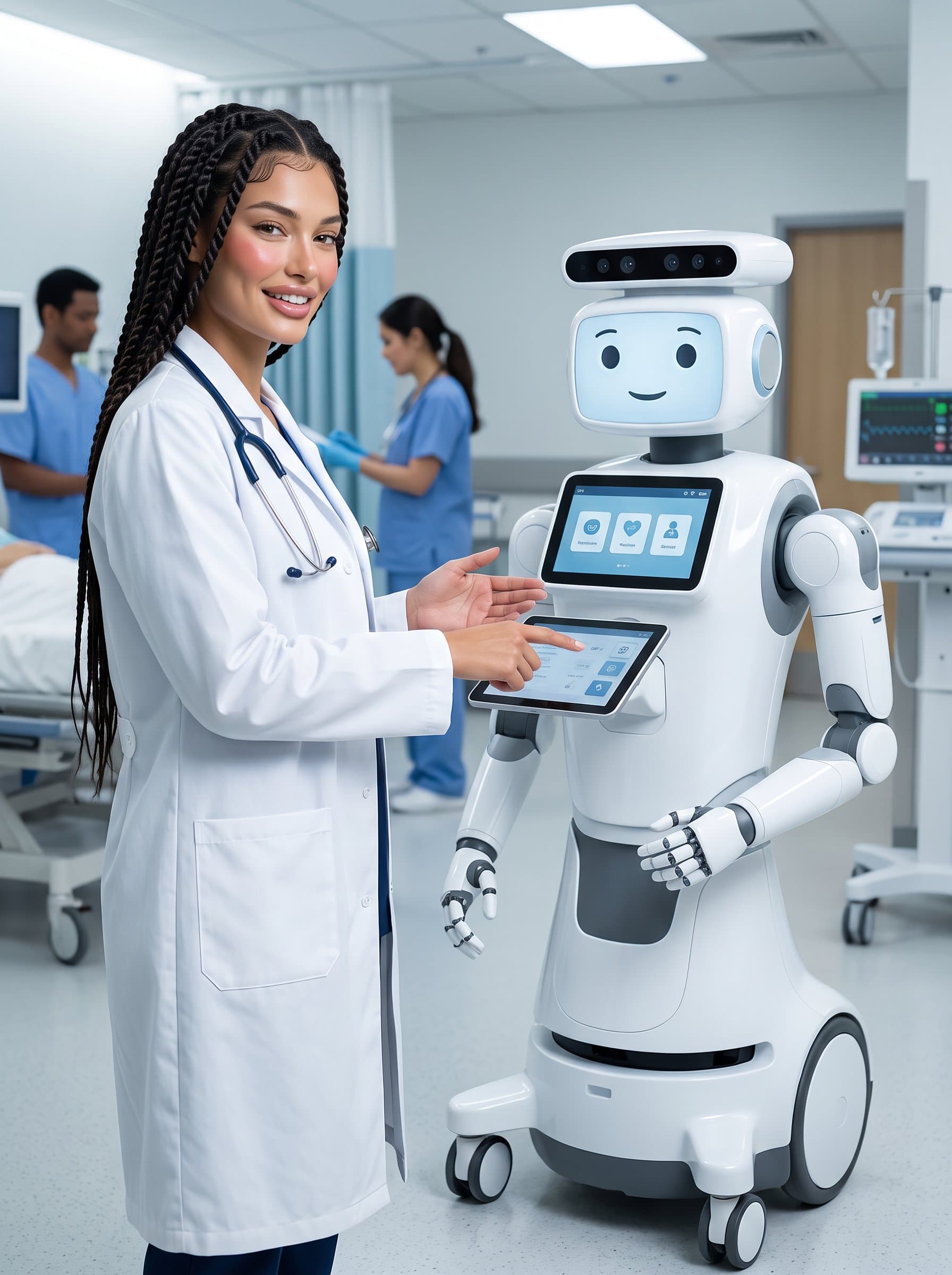 : Visualize a medical practitioner in a traditional white coat, standing beside a healthcare robot, demonstrating integration of technology in contemporary medical practices.