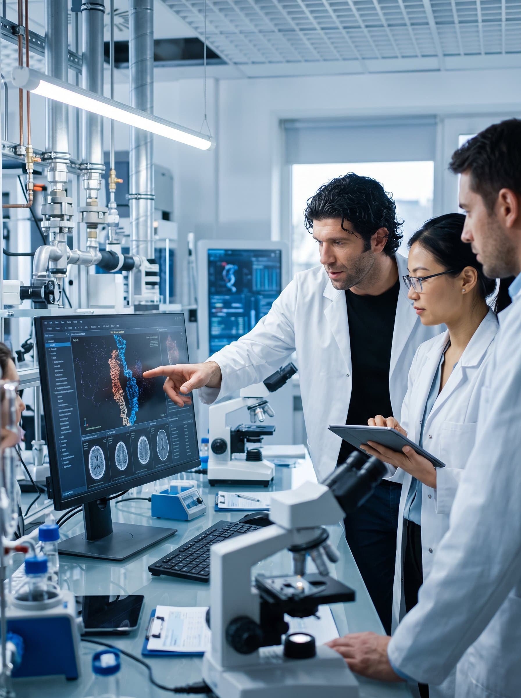 : Showcase a group of healthcare specialists in a high-tech lab, collaboratively examining test results on a computer screen, highlighting teamwork and cutting-edge medical research.