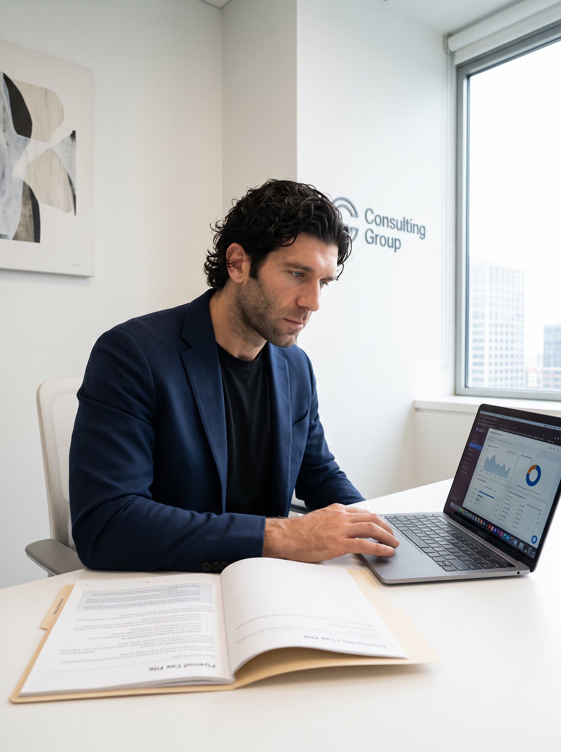 : Capture a healthcare consultant in a minimalist office, reviewing case files with a laptop open, emphasizing strategic decision-making and consultation in medical practices.