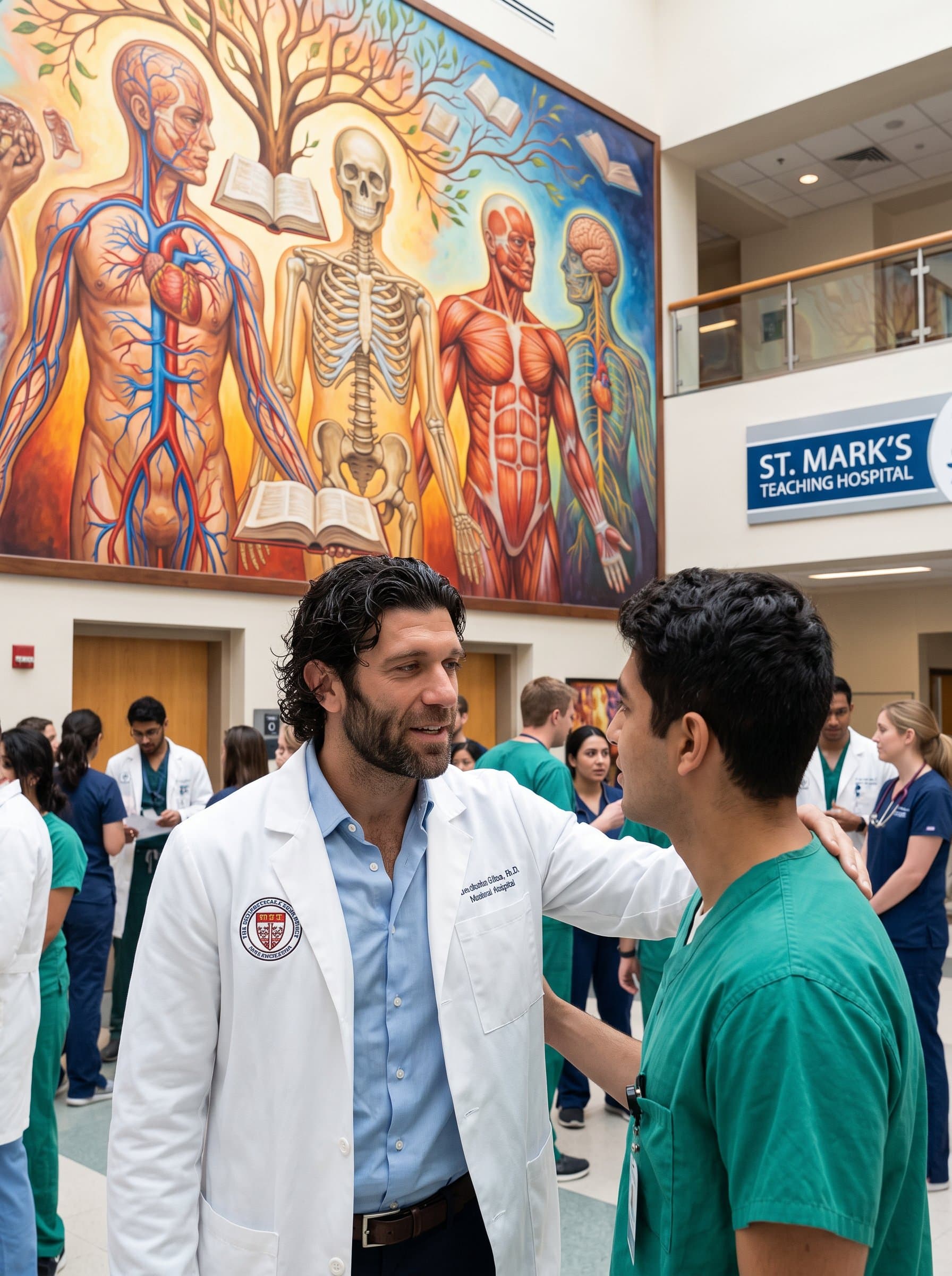 : Illustrate a doctor in front of a vibrant mural of the human anatomy, in a teaching hospital environment, symbolizing a passion for education and lifelong learning.