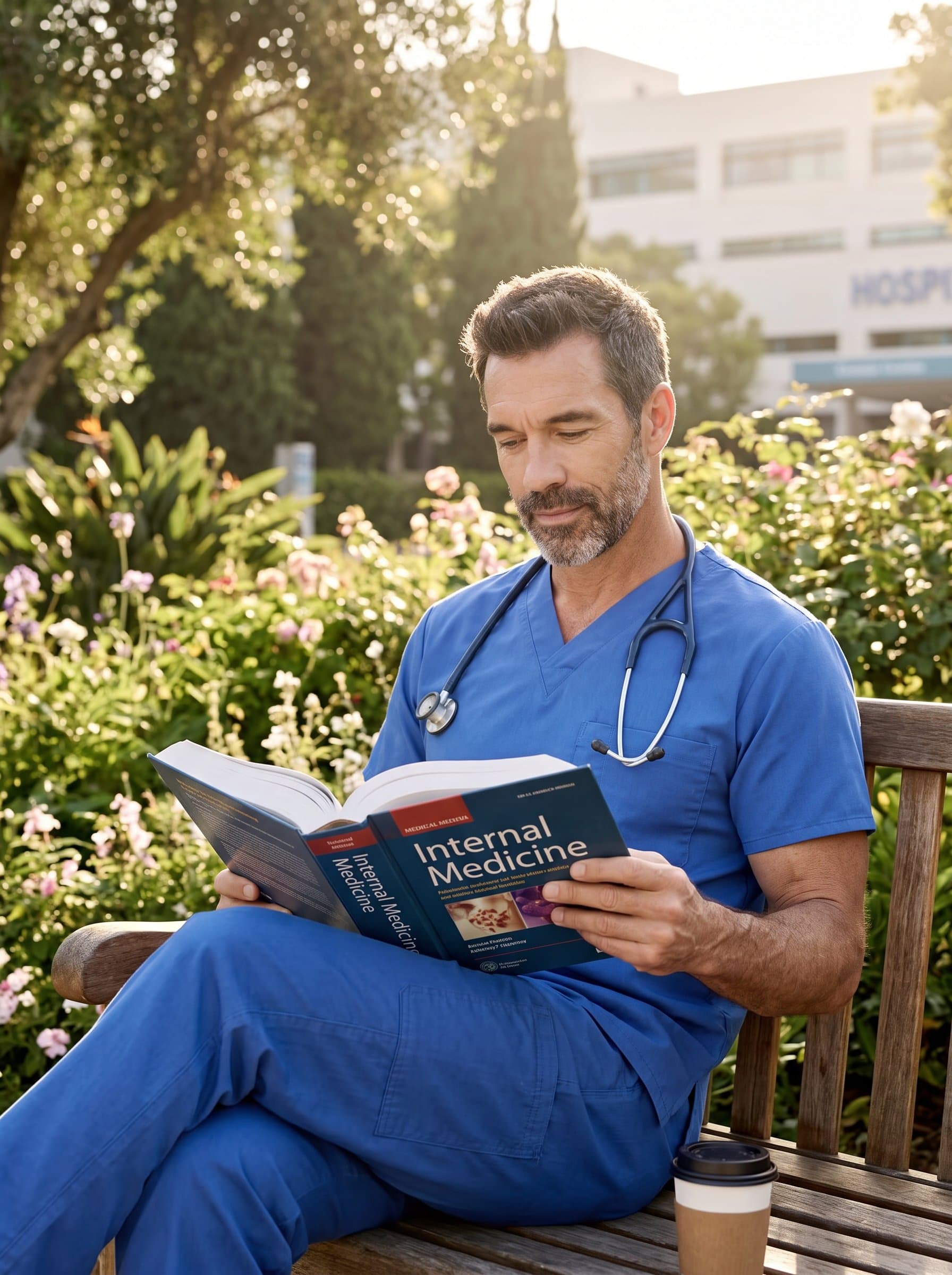 : Frame a medical staff member in a serene hospital garden on a break, seated on a bench and reading a medical book, balancing professional dedication with personal well-being.