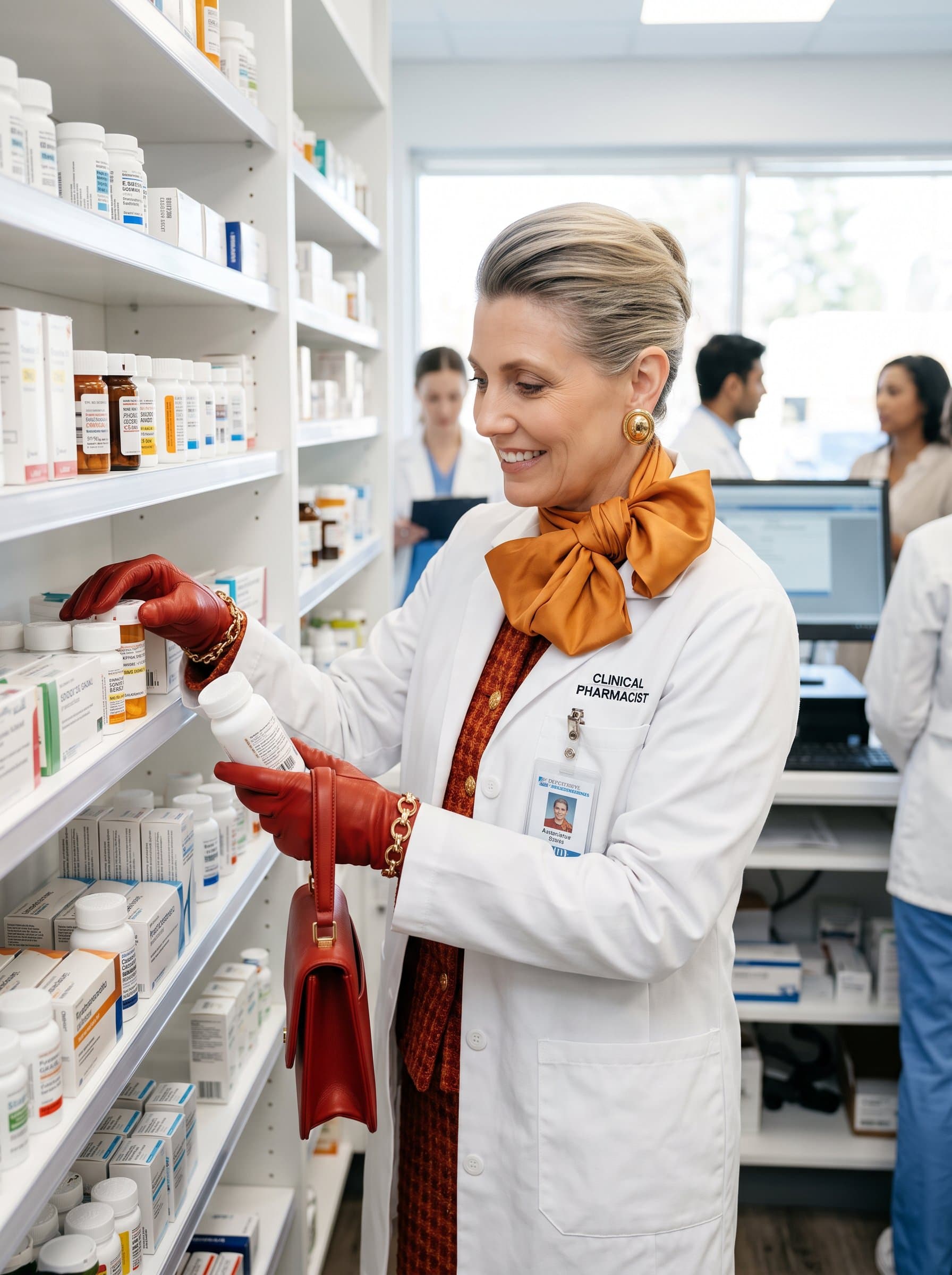: Visualize a clinical pharmacist in a modern dispensary, meticulously organizing medication shelves, showcasing precision, care, and the importance of pharmaceutical expertise in patient care.