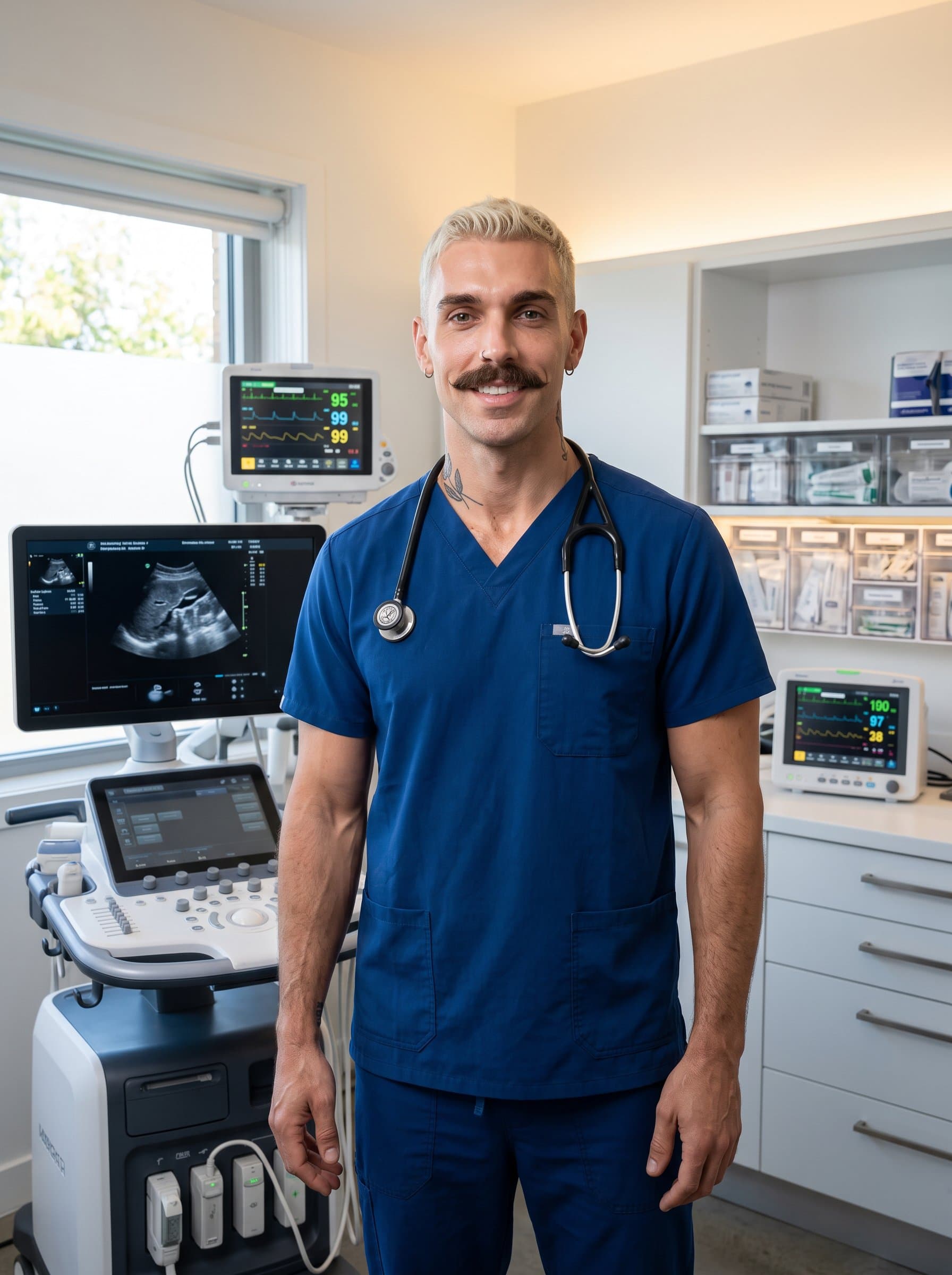 : Photograph a healthcare worker in blue scrubs, with a neatly organized clinic room behind them, showcasing state-of-the-art diagnostic equipment, exuding a sense of modernity and expertise.