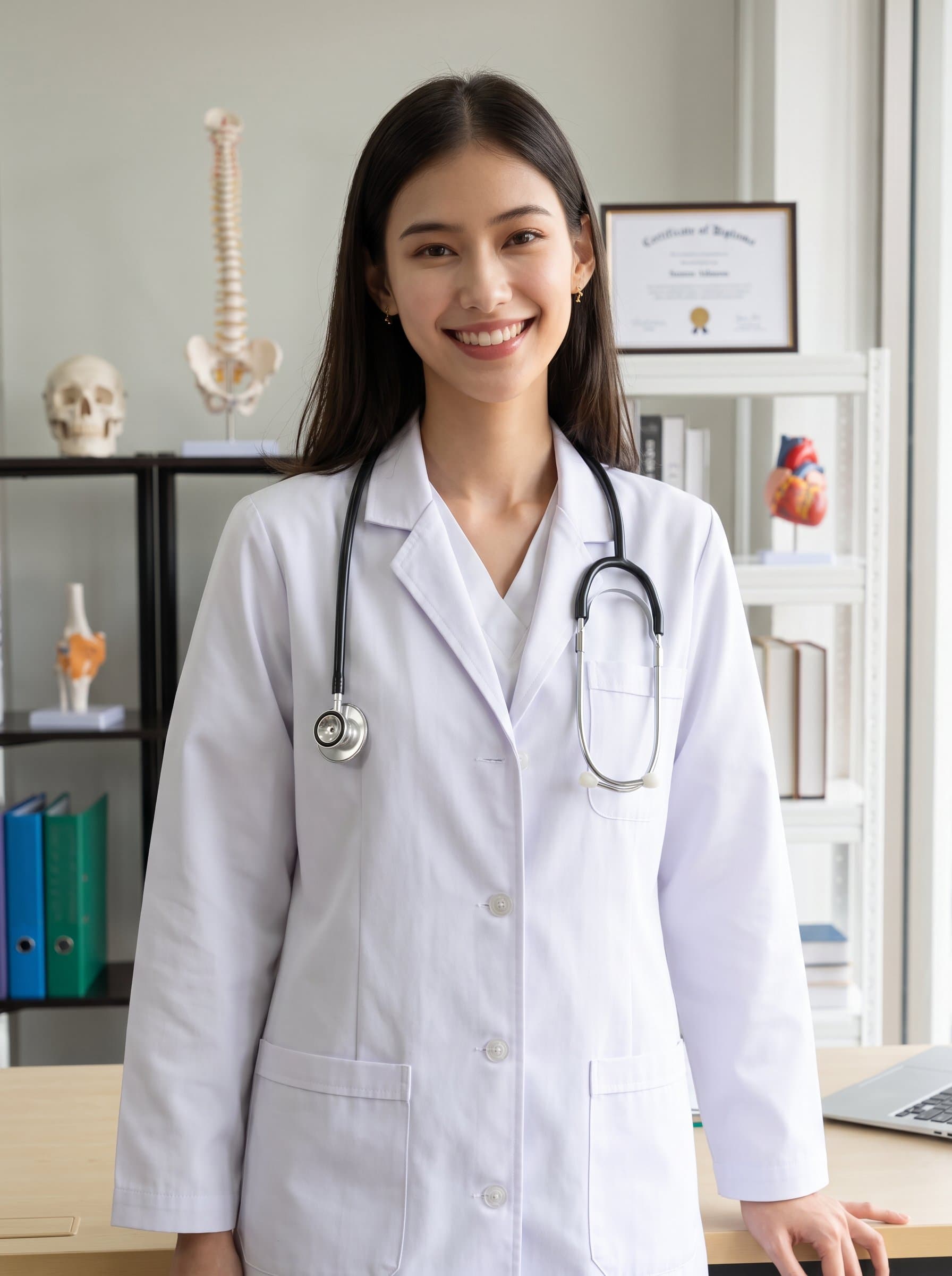 : Capture a healthcare professional wearing a crisp white lab coat, standing in a well-lit medical office with anatomical models in the background, conveying competence and approachability.