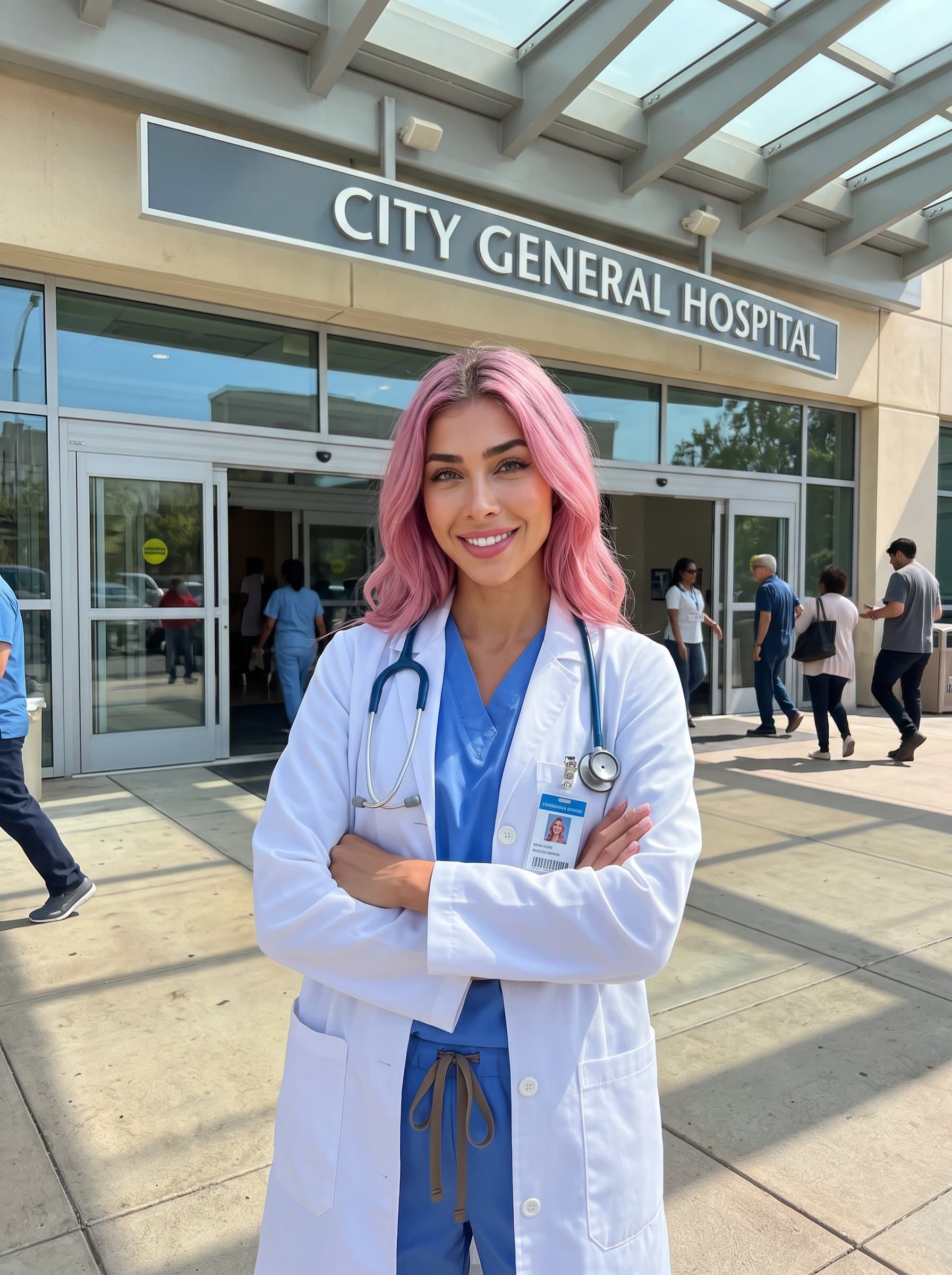 : Portray a clinician wearing a stethoscope around their neck, confidently standing in front of a hospital's main entrance, depicting a sense of readiness and dedication to patient care.