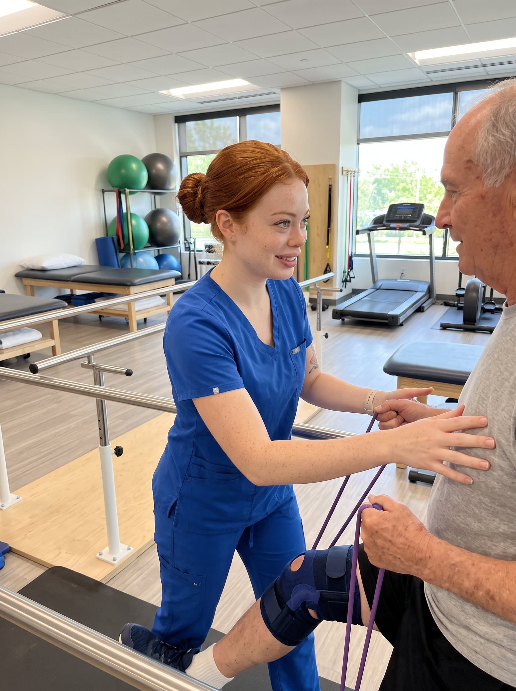 : Illustrate a rehabilitation therapist in a well-equipped therapy room, demonstrating exercises with a patient, highlighting healing, recovery, and compassionate care.