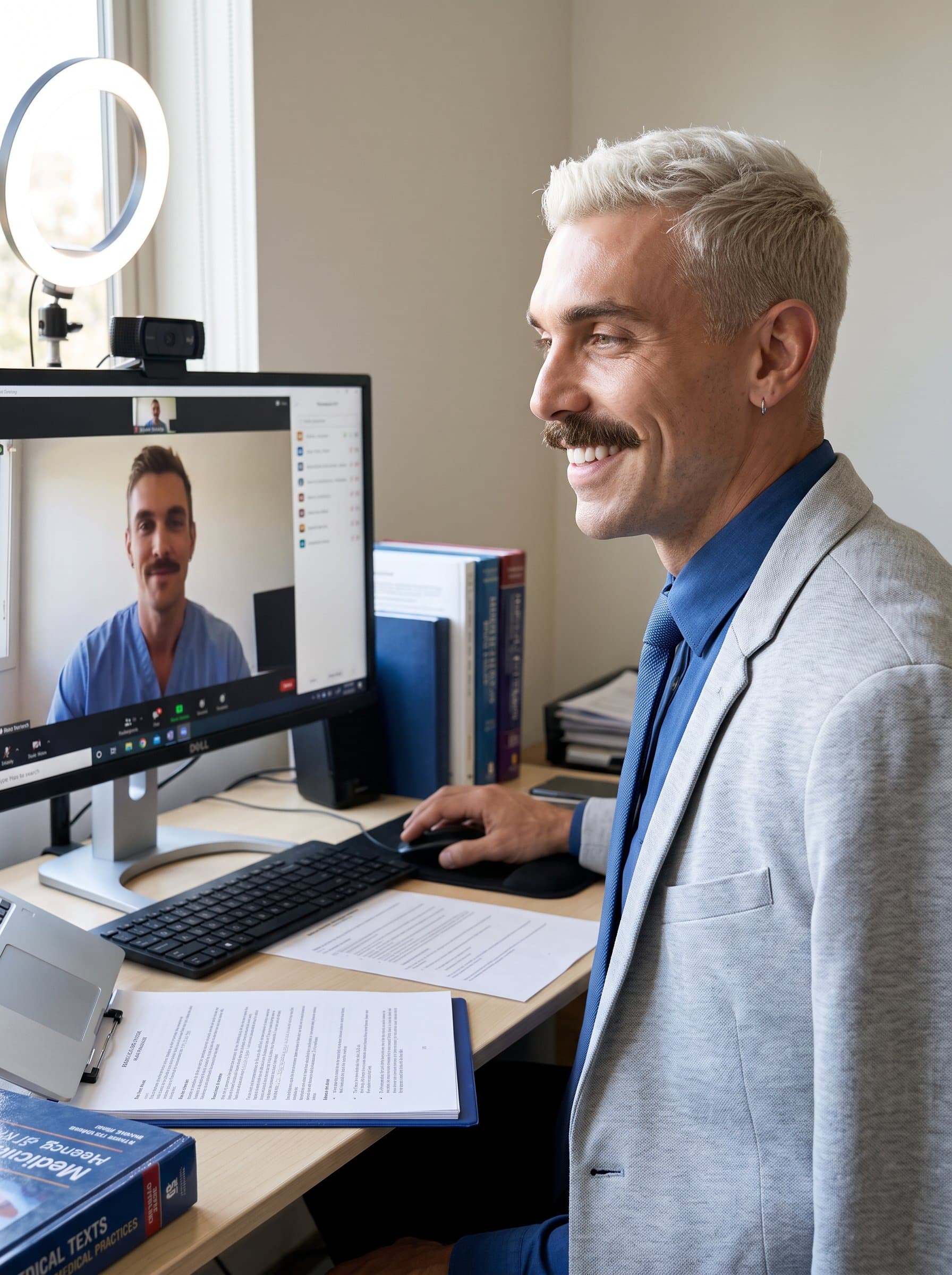 : Present a telemedicine expert in a home office setup, with video call equipment nearby, embodying adaptability and the future of remote patient care in healthcare.