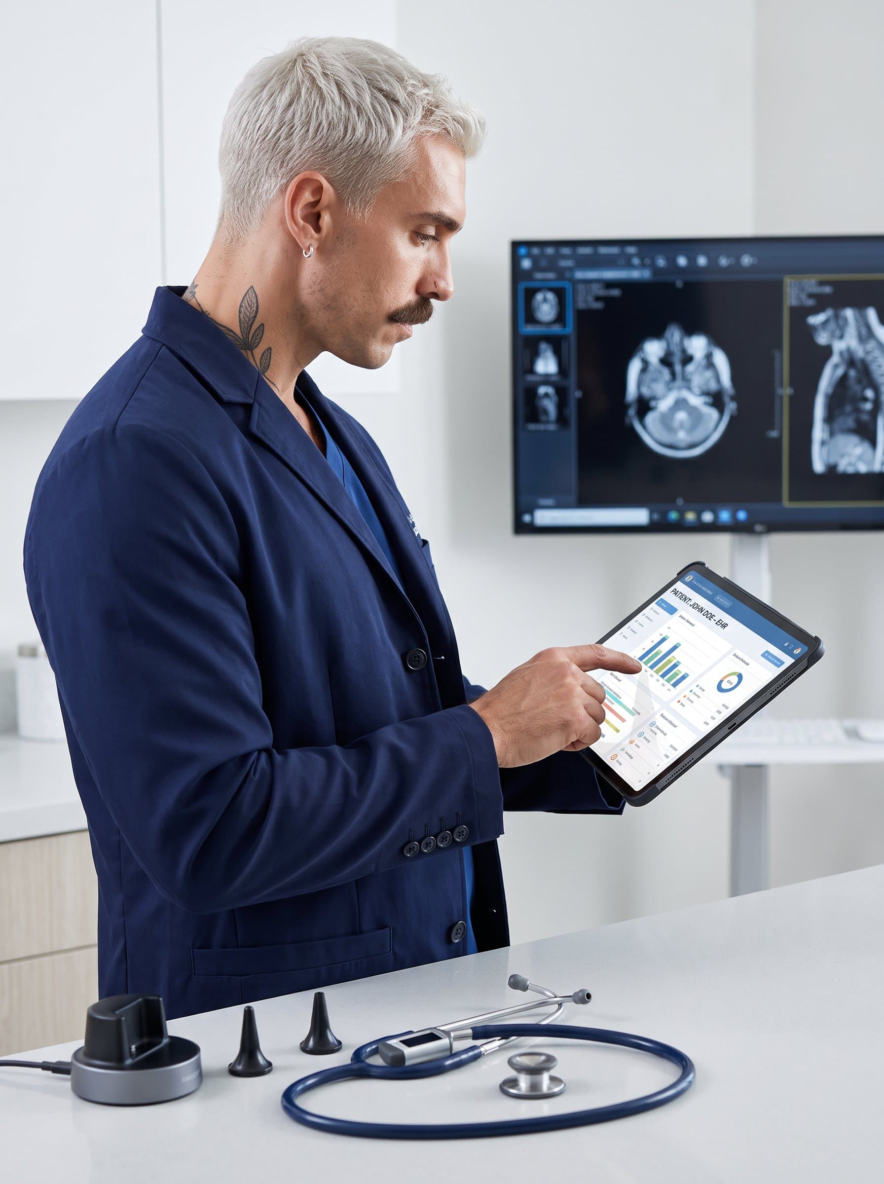 : Frame a scene where a medical practitioner is reviewing digital patient records on a tablet, with specialized medical instruments subtly visible on a countertop, suggesting efficiency and tech-savviness.