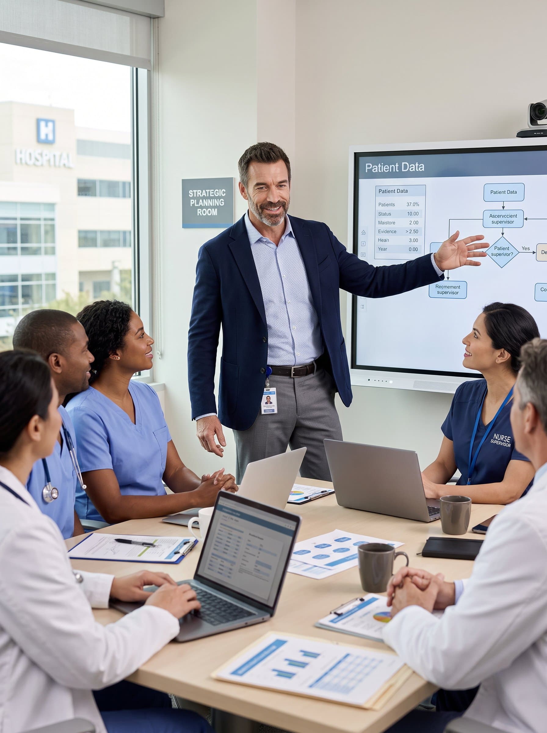 : Present a healthcare supervisor in a stylish yet professional attire, in a conference room within a hospital setting, projecting leadership and collaborative spirit among fellow healthcare professionals.