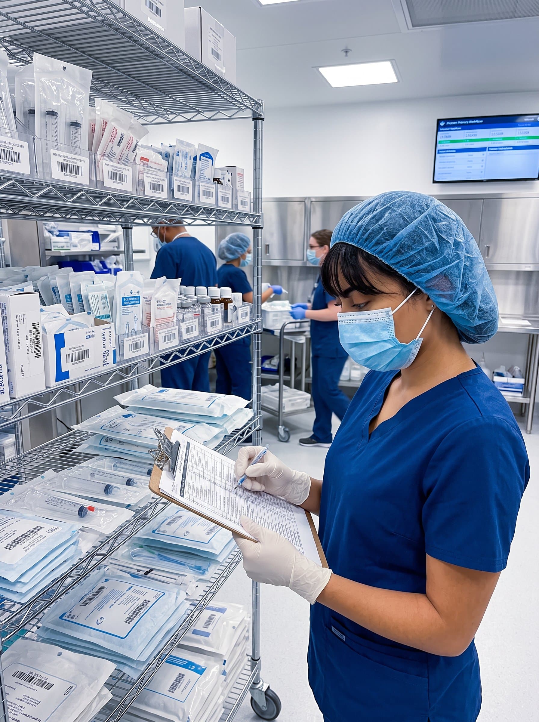 : Depict a masked healthcare team member in a sterile environment, with shelves lined with medical supplies, emphasizing hygiene, professionalism, and attention to detail amid a bustling clinic atmosphere.