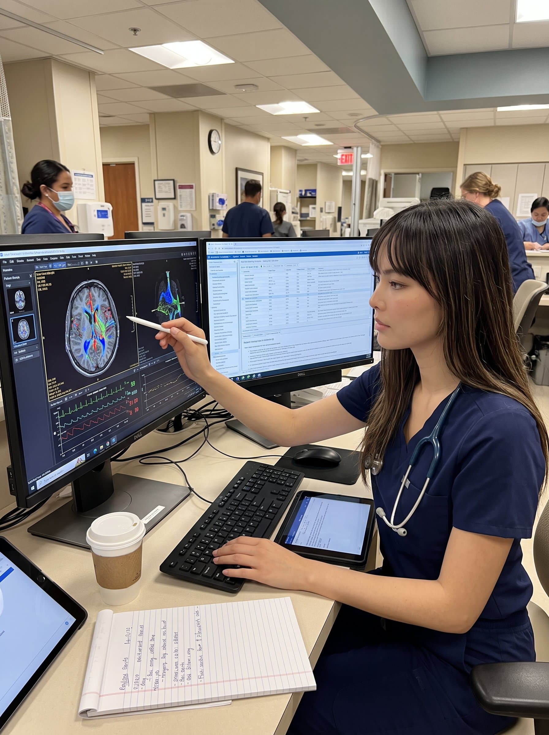 : Capture a healthcare professional at a workstation with dual monitors displaying complex medical data, reflecting analytical skills and the integration of informatics in medical practice.